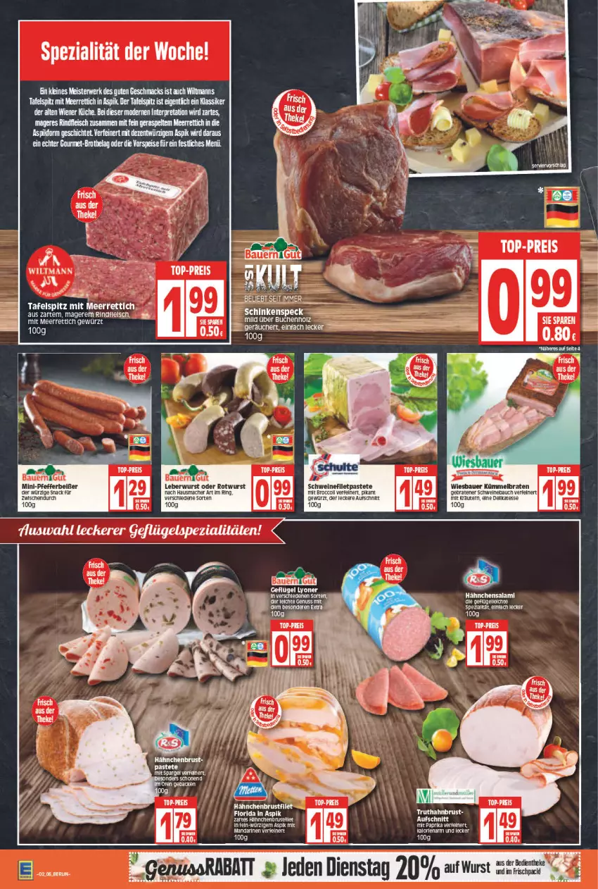 Aktueller Prospekt Edeka - Angebote der Woche - von 10.01 bis 15.01.2022 - strona 6 - produkty: auer, aufschnitt, Bau, Bauer, braten, dell, eier, eis, ente, filet, fleisch, gewürz, hähnchenbrust, Hausmacher, kräuter, kräutern, leine, mac, mandarine, mandarinen, meerrettich, Meister, mit paprika, paprika, pastete, pfeffer, Pfefferbeißer, reis, Rettich, rind, rindfleisch, ring, Rotwurst, rwe, salami, schwein, schweine, schweinefilet, snack, Spezi, tafelspitz, tee, Ti, top-preis, truthahn, wein, weine, wiesbauer, wiltmann, wurst