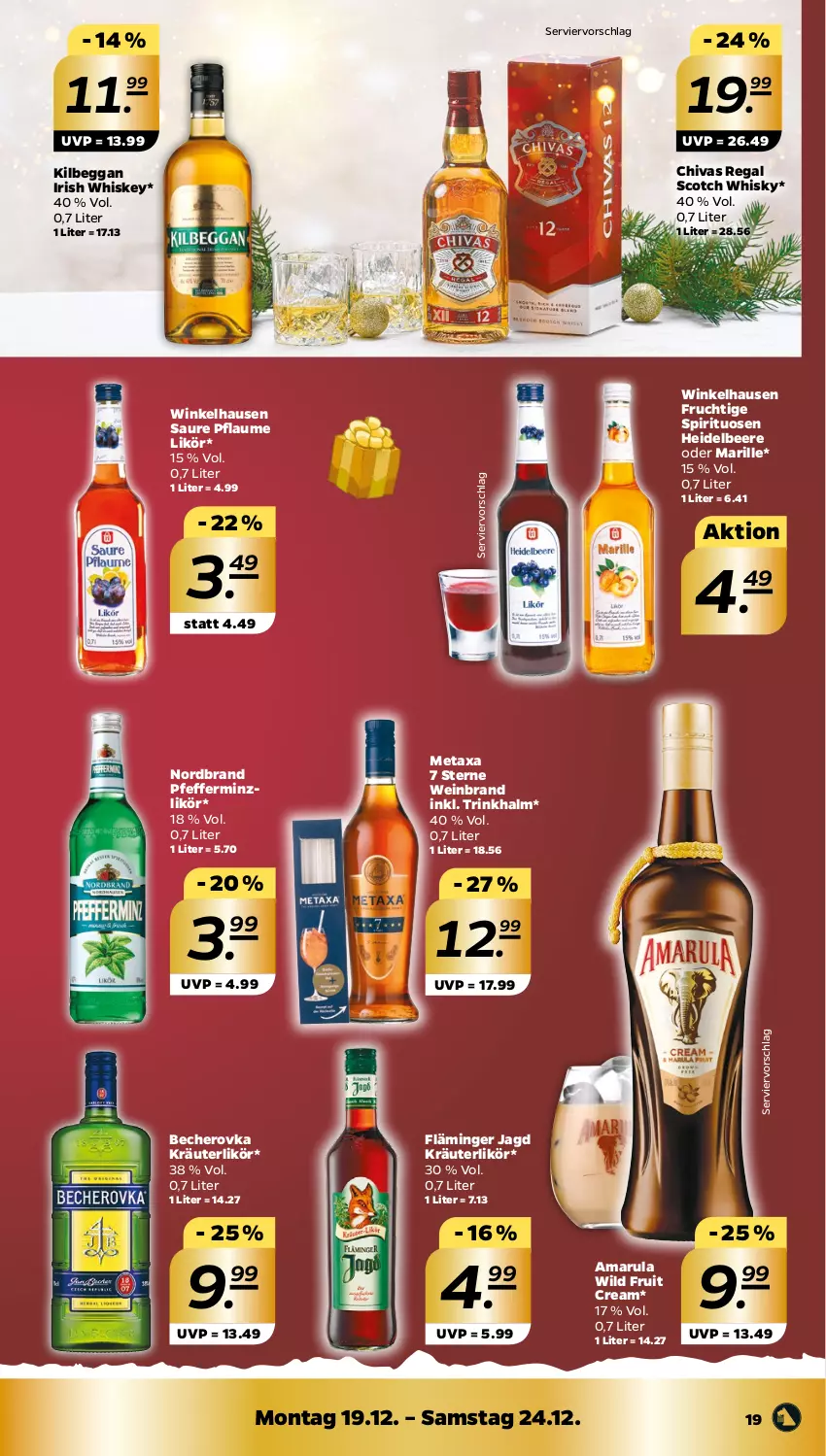 Aktueller Prospekt Netto - Woche 51 - von 19.12 bis 24.12.2022 - strona 19 - produkty: amarula, Becher, Becherovka, beere, frucht, heidelbeere, hero, irish whiskey, kilbeggan, kräuter, kräuterlikör, likör, Metaxa, nordbrand, pfeffer, pfefferminzlikör, pflaume, regal, scotch, scotch whisky, spirituosen, Ti, wein, weinbrand, whiskey, whisky, Wild, winkelhausen