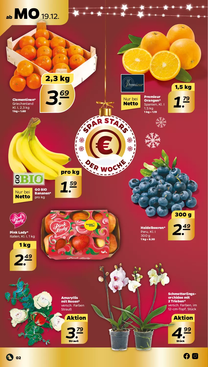 Aktueller Prospekt Netto - Woche 51 - von 19.12 bis 24.12.2022 - strona 2 - produkty: banane, bananen, beere, beeren, bio, clementinen, heidelbeere, heidelbeeren, Mett, orange, orangen, orchidee, Pink Lady, rosen, Schmetterling, Ti, topf