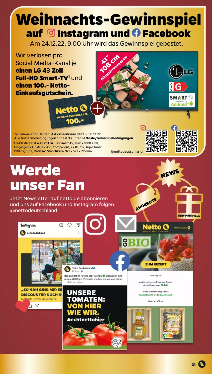 Aktueller Prospekt Netto - Woche 51 - von 19.12 bis 24.12.2022 - strona 21 - produkty: dvb, DVB-T, erde, gewinnspiel, gutschein, HDMI, LG, Ti, tuner, uhr, usb