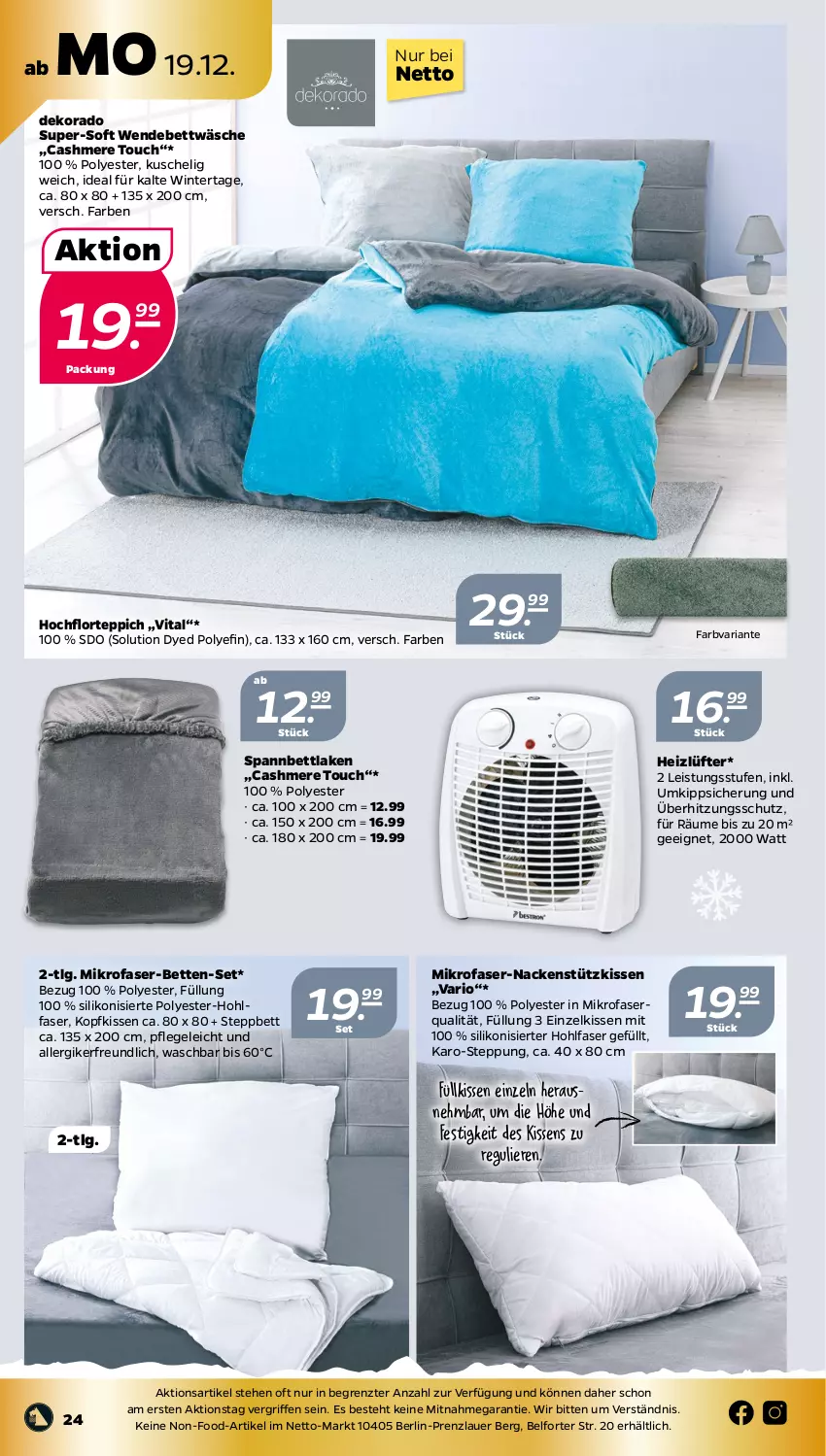 Aktueller Prospekt Netto - Woche 51 - von 19.12 bis 24.12.2022 - strona 24 - produkty: auer, bett, Betten, bettwäsche, cashmere, eis, kissen, kopfkissen, LG, mikrofaser, nackenstützkissen, Ria, spannbettlaken, steppbett, teppich, Ti, überhitzungsschutz, vita, wendebettwäsche, ZTE