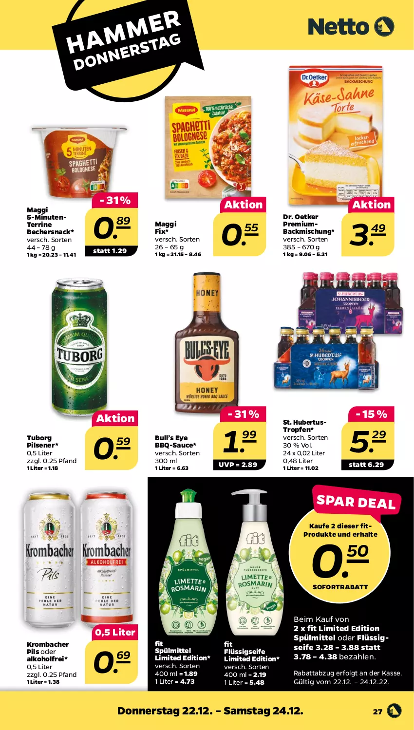 Aktueller Prospekt Netto - Woche 51 - von 19.12 bis 24.12.2022 - strona 27 - produkty: alkohol, backmischung, bbq-sauce, Becher, Dr. Oetker, ente, flüssigseife, krombache, krombacher, krombacher pils, LG, maggi, maggi fix, pils, pilsener, sauce, Seife, snack, sofortrabatt, spülmittel, terrine, Ti