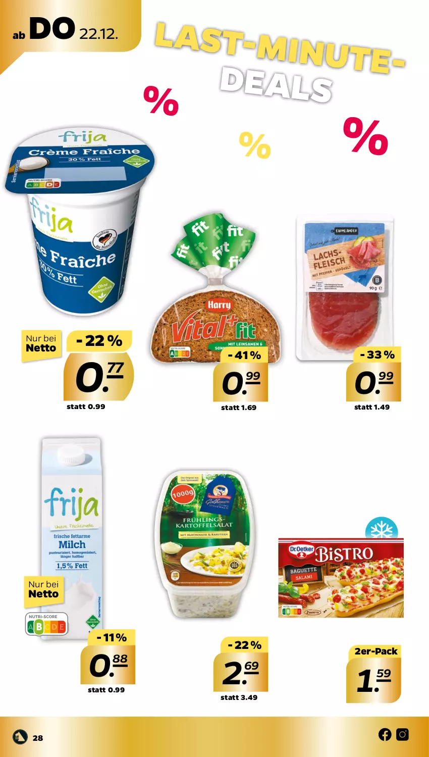 Aktueller Prospekt Netto - Woche 51 - von 19.12 bis 24.12.2022 - strona 28 - produkty: baguette, baguettes, Bistro Baguette, brot, crème fraîche, Dr. Oetker, eis, fleisch, kartoffel, kartoffelsalat, lachs, milch, salami, salat, spreewälder, vita