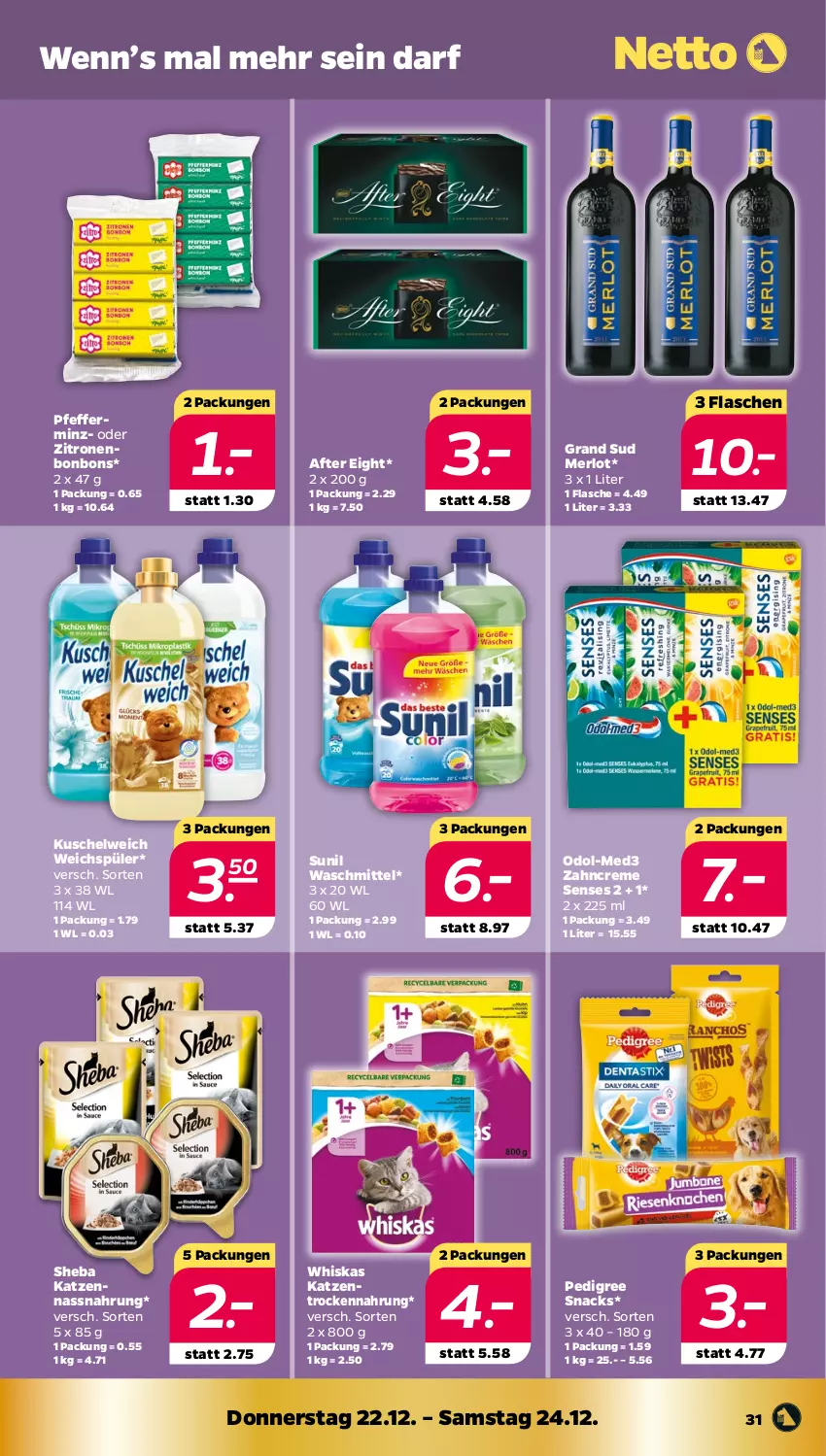 Aktueller Prospekt Netto - Woche 51 - von 19.12 bis 24.12.2022 - strona 31 - produkty: after eight, bonbons, creme, flasche, grand sud, Kuschelweich, merl, merlot, Nassnahrung, Odol, pedigree, pfeffer, sheba, snack, snacks, sunil, Trockennahrung, waschmittel, weichspüler, whiskas, zahncreme, zitrone, zitronen