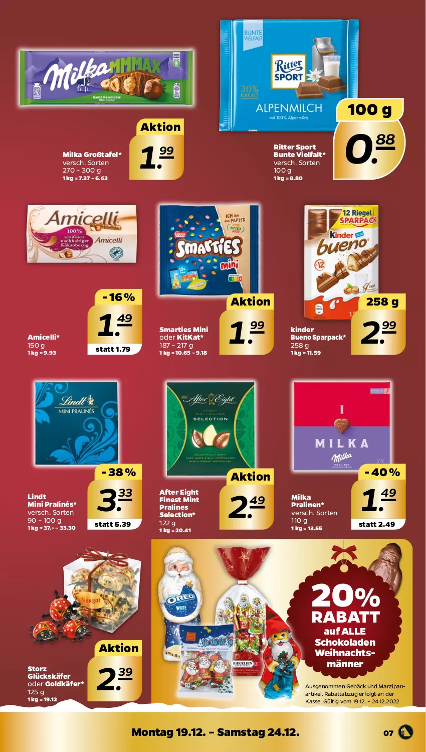 Aktueller Prospekt Netto - Woche 51 - von 19.12 bis 24.12.2022 - strona 7 - produkty: after eight, amicelli, käfer, Kinder, kinder bueno, kitkat, LG, lindt, marzipan, milka, mini pralinés, mint, pralinen, ritter, ritter sport, schoko, schokolade, schokoladen, smarties, Sport, Ti