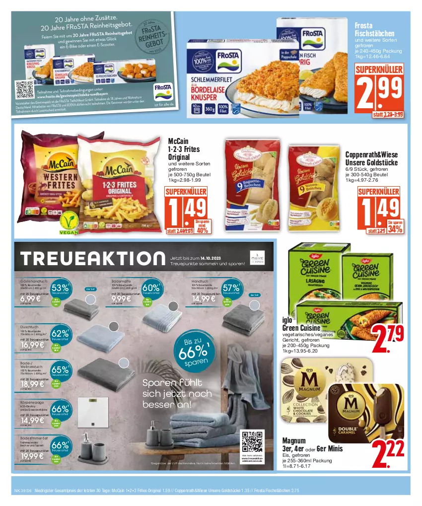 Aktueller Prospekt E Center - Angebote der Woche - von 25.09 bis 30.09.2023 - strona 6 - produkty: Bad, badematte, Bau, baumwolle, Becher, beutel, coppenrath, deka, duschtuch, eis, elle, fisch, fischstäbchen, frosta, gin, Goldstücke, handtuch, iglo, magnum, mccain, reis, Seife, seifenspender, tablet, tablett, teller, Ti, tuc, Vegeta, Waage, Wellnesstuch, wolle, ZTE