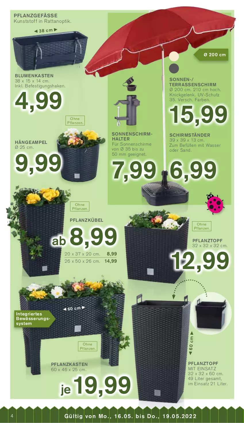 Aktueller Prospekt Kodi - Prospekte - von 14.05 bis 19.05.2022 - strona 4 - produkty: blume, blumen, Hängeampel, pflanze, pflanzen, Pflanztopf, schirme, schirmständer, shake, sonnenschirm, Sonnenschirmhalter, Ti, topf, uv-schutz, wasser