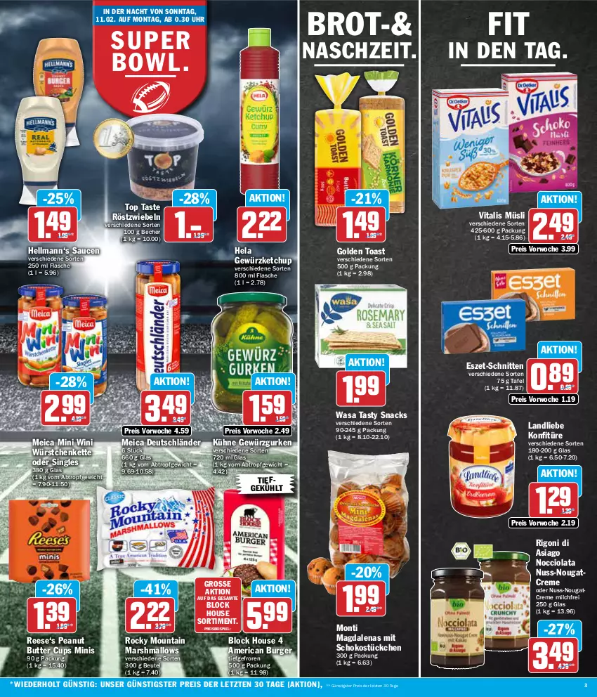 Aktueller Prospekt Aez - Prospekte - von 05.02 bis 10.02.2024 - strona 3 - produkty: Becher, beutel, brot, burger, butter, creme, eis, flasche, gewürz, Gewürzgurke, gewürzgurken, gewürzketchup, golden toast, gurke, gurken, Hela, ketchup, Kette, konfitüre, Kühne, landliebe, mars, meica, milch, müsli, Nougatcreme, nuss, peanut butter, reis, röstzwiebeln, sauce, saucen, schnitten, schoko, snack, snacks, Ti, toast, uhr, vita, vitalis, vitalis müsli, wasa, würstchen, ZTE, zwiebel, zwiebeln