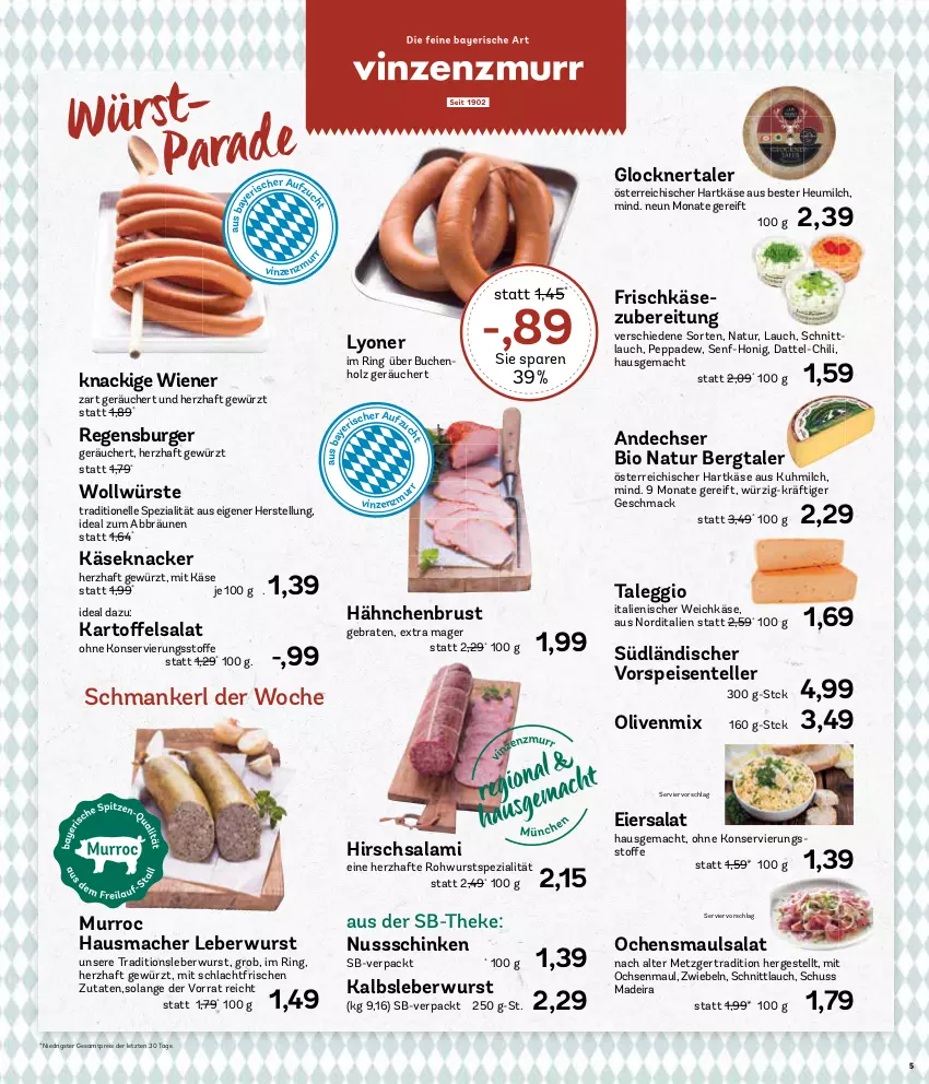 Aktueller Prospekt Aez - Prospekte - von 05.02 bis 10.02.2024 - strona 5 - produkty: bio, braten, buch, burger, chili, eier, eiersalat, eis, elle, ente, frischkäse, frischkäsezubereitung, gewürz, hähnchenbrust, hartkäse, Hausmacher, Heu, heumilch, Holz, honig, Kalbsleber, Kalbsleberwurst, Käse, knacker, leberwurst, lyoner, mac, milch, natur, nuss, olive, oliven, regensburger, reis, ring, Rohwurst, salami, salat, schinken, schnittlauch, senf, Spezi, teller, Ti, vorspeise, weichkäse, wiener, wurst, Yo, ZTE, zwiebel, zwiebeln