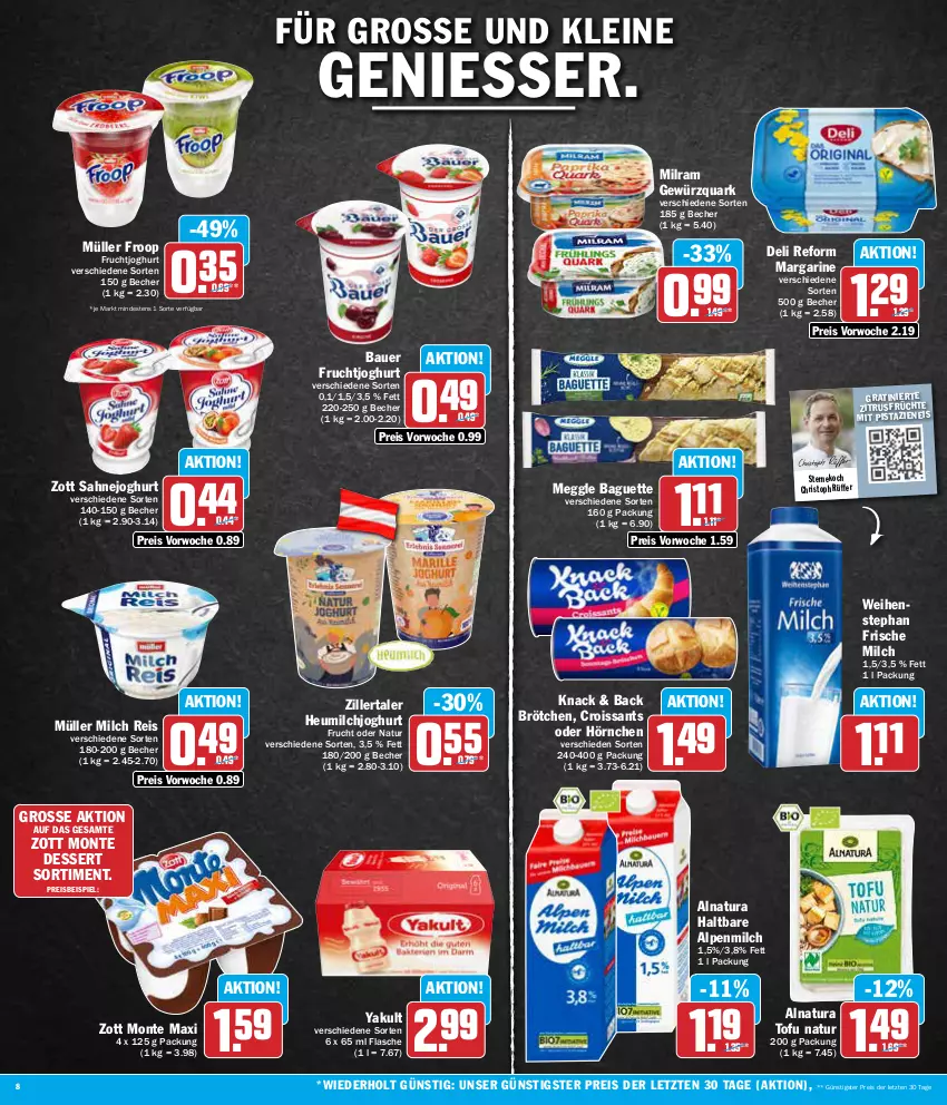 Aktueller Prospekt Aez - Prospekte - von 05.02 bis 10.02.2024 - strona 8 - produkty: alpenmilch, auer, baguette, Bau, Bauer, Becher, brötchen, Croissant, croissants, deli reform, dessert, eis, flasche, frische milch, froop, frucht, früchte, fruchtjoghurt, gewürz, gewürzquark, Heu, heumilch, hörnchen, joghur, joghurt, leine, margarine, meggle, milch, milram, mit pistazien, monte, Müller, müller froop, natur, natura, pistazien, quark, reis, sahne, Sahnejoghurt, Ti, Tofu, weihenstephan, zott, Zott Monte, ZTE