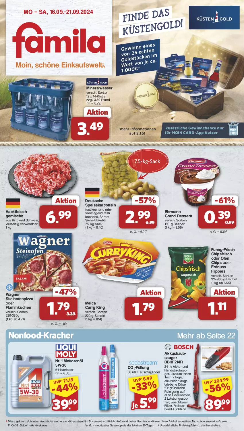 Aktueller Prospekt Famila - Prospekte - von 16.09 bis 21.09.2024 - strona 1 - produkty: akku, Alwa, angebot, angebote, Becher, beutel, chips, chipsfrisch, curry, dessert, ehrmann, Ehrmann Grand Dessert, eis, elle, ente, erdnuss, flammkuchen, fleisch, flippies, funny-frisch, hackfleisch, hackfleisch gemischt, handstaubsauger, kartoffel, kartoffeln, kracher, kuchen, lamm, meica, mineralwasser, motorenöl, nuss, Ofen, pizza, Reinigung, reis, rind, rwe, sac, Schal, Schale, schwein, speisekartoffeln, staubsauger, steinofen, teller, Ti, wagner, wasser, wein, ZTE