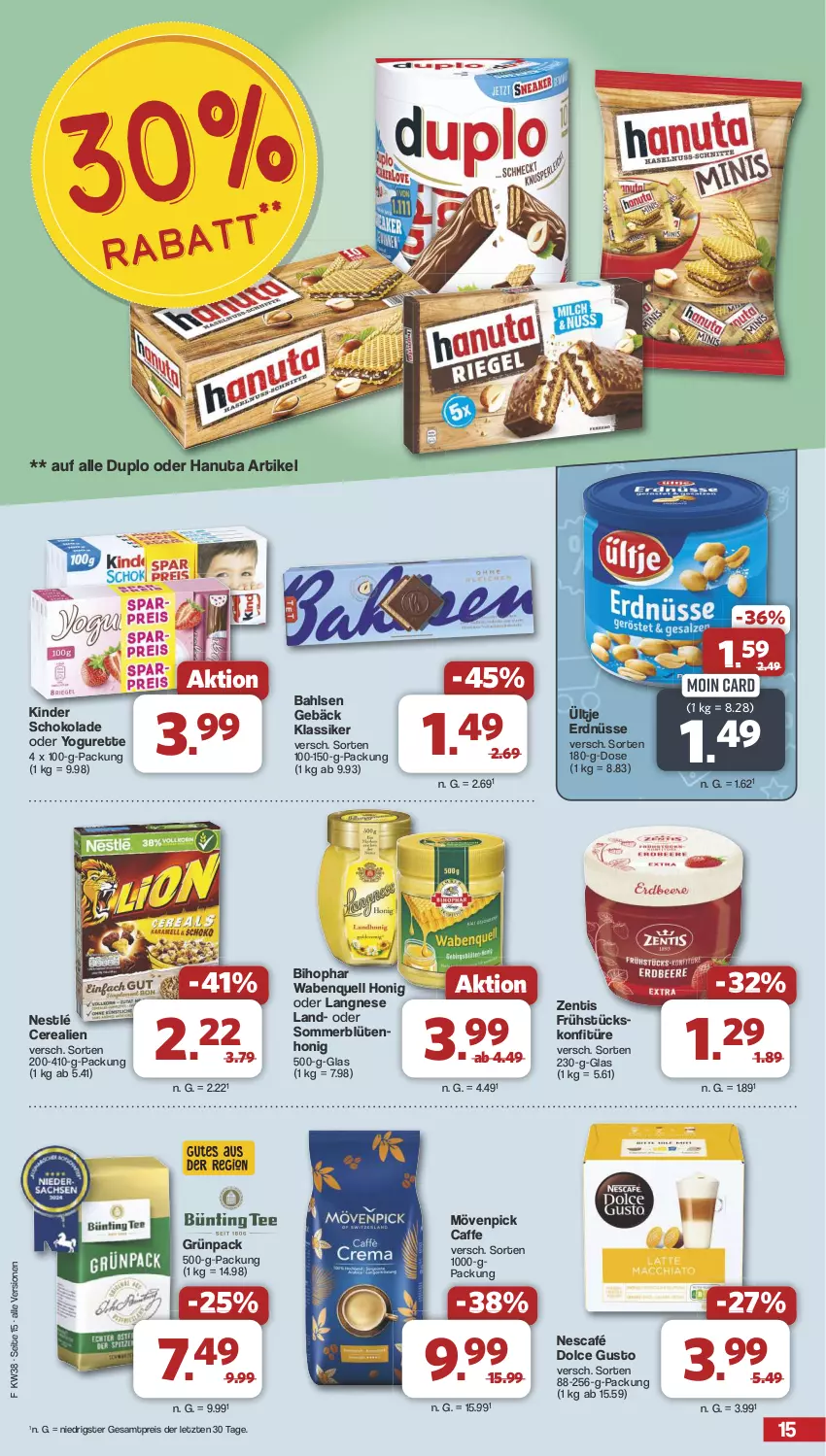 Aktueller Prospekt Famila - Prospekte - von 16.09 bis 21.09.2024 - strona 15 - produkty: bahlsen, bihophar, Blüte, blütenhonig, caffe, cerealien, dolce gusto, duplo, eis, erdnüsse, hanuta, honig, Kinder, kinder schokolade, konfitüre, langnese, mövenpick, Nescafé, nestlé, oder yogurette, reis, schoko, schokolade, Ti, ültje, ültje erdnüsse, Yo, yogurette, zentis, ZTE