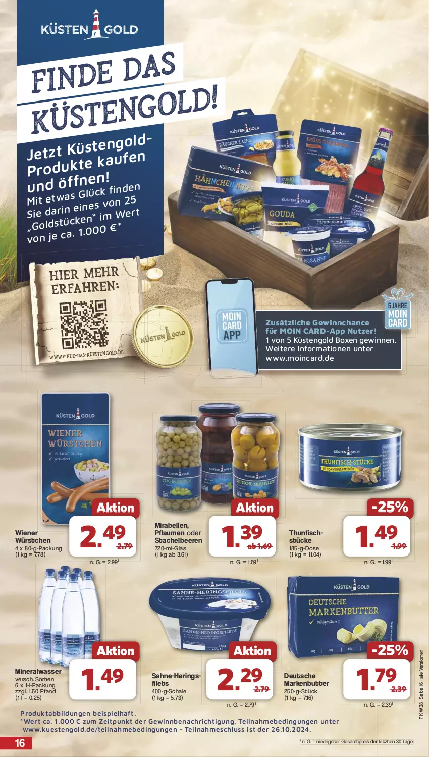 Aktueller Prospekt Famila - Prospekte - von 16.09 bis 21.09.2024 - strona 16 - produkty: Alwa, beere, beeren, butter, eis, elle, filet, filets, fisch, hering, Herings, heringsfilets, küstengold, markenbutter, mineralwasser, pflaume, pflaumen, reis, ring, sahne, Schal, Schale, Stachelbeeren, thunfisch, Ti, wasser, wiener, wiener würstchen, würstchen, ZTE