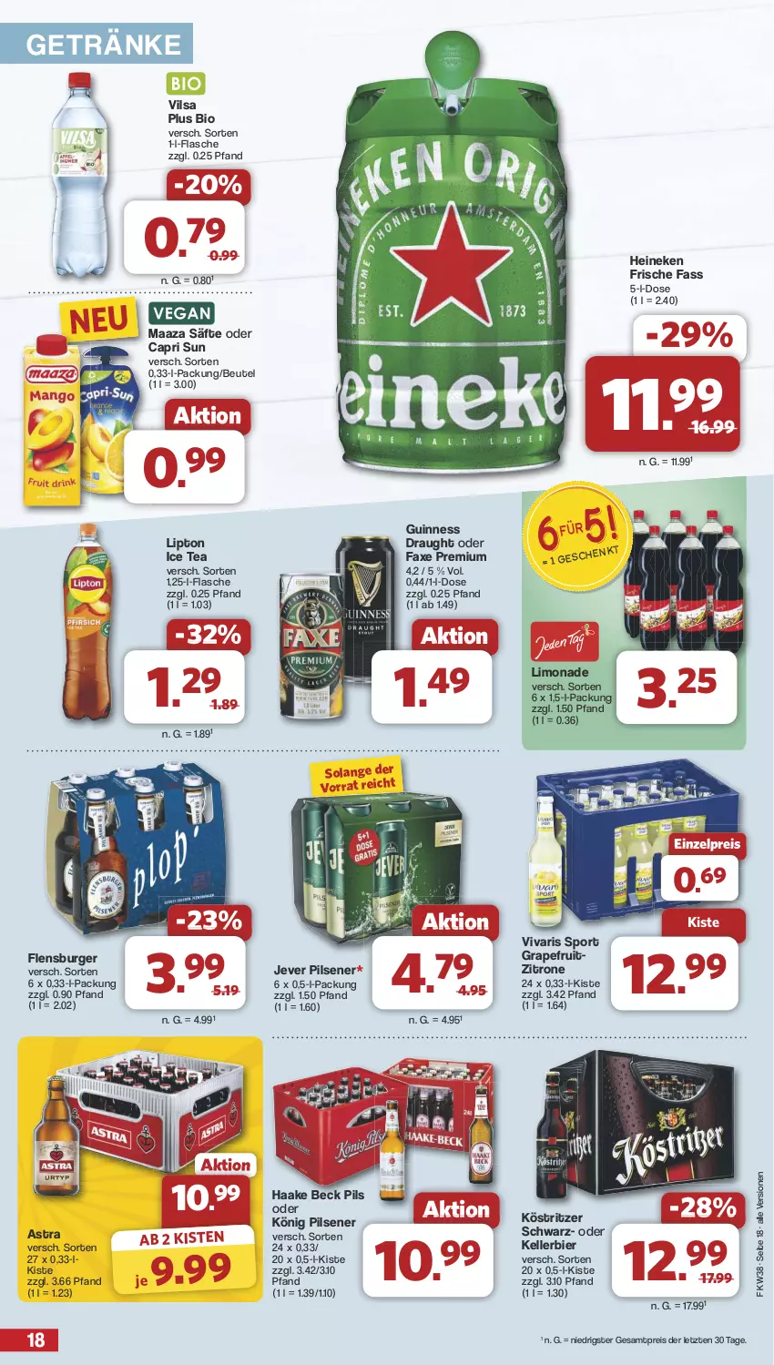 Aktueller Prospekt Famila - Prospekte - von 16.09 bis 21.09.2024 - strona 18 - produkty: Astra, axe, beutel, bier, bio, burger, Cap, eis, elle, flasche, flensburger, getränk, getränke, grapefruit, Guinness, heineken, ice tea, jever, jever pilsener, kellerbier, könig pilsener, köstritzer, limo, limonade, lipton, lipton ice tea, pils, pilsener, reis, säfte, Sport, Ti, vilsa, Vivaris, zitrone, ZTE