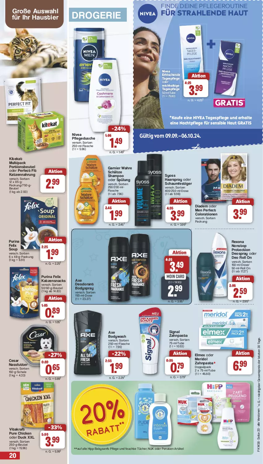 Aktueller Prospekt Famila - Prospekte - von 16.09 bis 21.09.2024 - strona 20 - produkty: aust, axe, beutel, body, bodyspray, Colorationen, deo, deodorant, deospray, diadem, Duck, dusche, eis, elmex, felix, feuchte tücher, flasche, garnier, haarspray, hipp, katzennahrung, katzensnack, katzensnacks, kitekat, kraft, meridol, nachtpflege, nassfutter, nivea, nuk, oder schaumfestiger, pasta, penaten, Perfect Fit, pflegedusche, portionsbeutel, purina, reis, rexona, Schal, Schale, schaumfestiger, shampoo, shampoo oder spülung, Signal, snack, snacks, spülung, Stier, syoss, Tagespflege, Ti, tücher, vita, vitakraft, Wahre Schätze, Yo, zahnpasta, ZTE