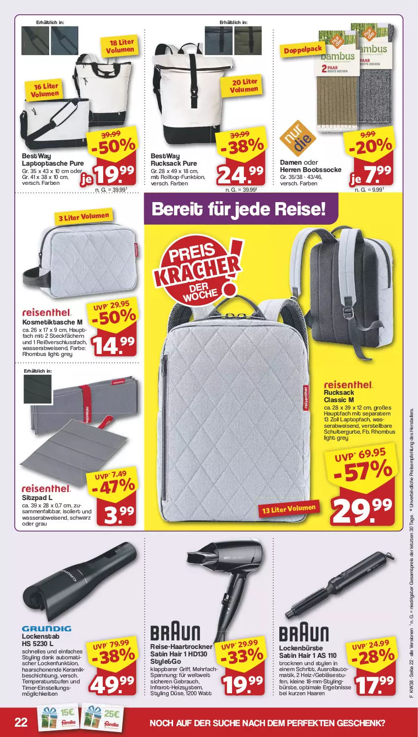 Aktueller Prospekt Famila - Prospekte - von 16.09 bis 21.09.2024 - strona 22 - produkty: auto, bestway, bürste, eis, elle, haartrockner, kosmetik, Kosmetiktasche, Laptop, leine, Lockenstab, Rauch, reis, rucksack, sac, schultergurt, Tasche, teller, Ti, timer, tisch, topf, Trockner, wasser, ZTE