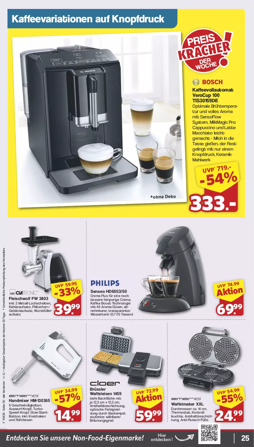 Aktueller Prospekt Famila - Prospekte - von 16.09 bis 21.09.2024 - strona 25 - produkty: ACC, auto, Cap, cappuccino, chia, cin, decke, eis, elle, ente, fleisch, handmixer, kaffee, kaffeevollautomat, latte, latte macchiato, Lätzche, Leuchte, mac, macchiato, messer, milch, Mixer, reis, Ria, senseo, spee, tasse, teller, thermostat, Ti, tisch, Waffeleisen, wasser, wassertank, wurst, ZTE