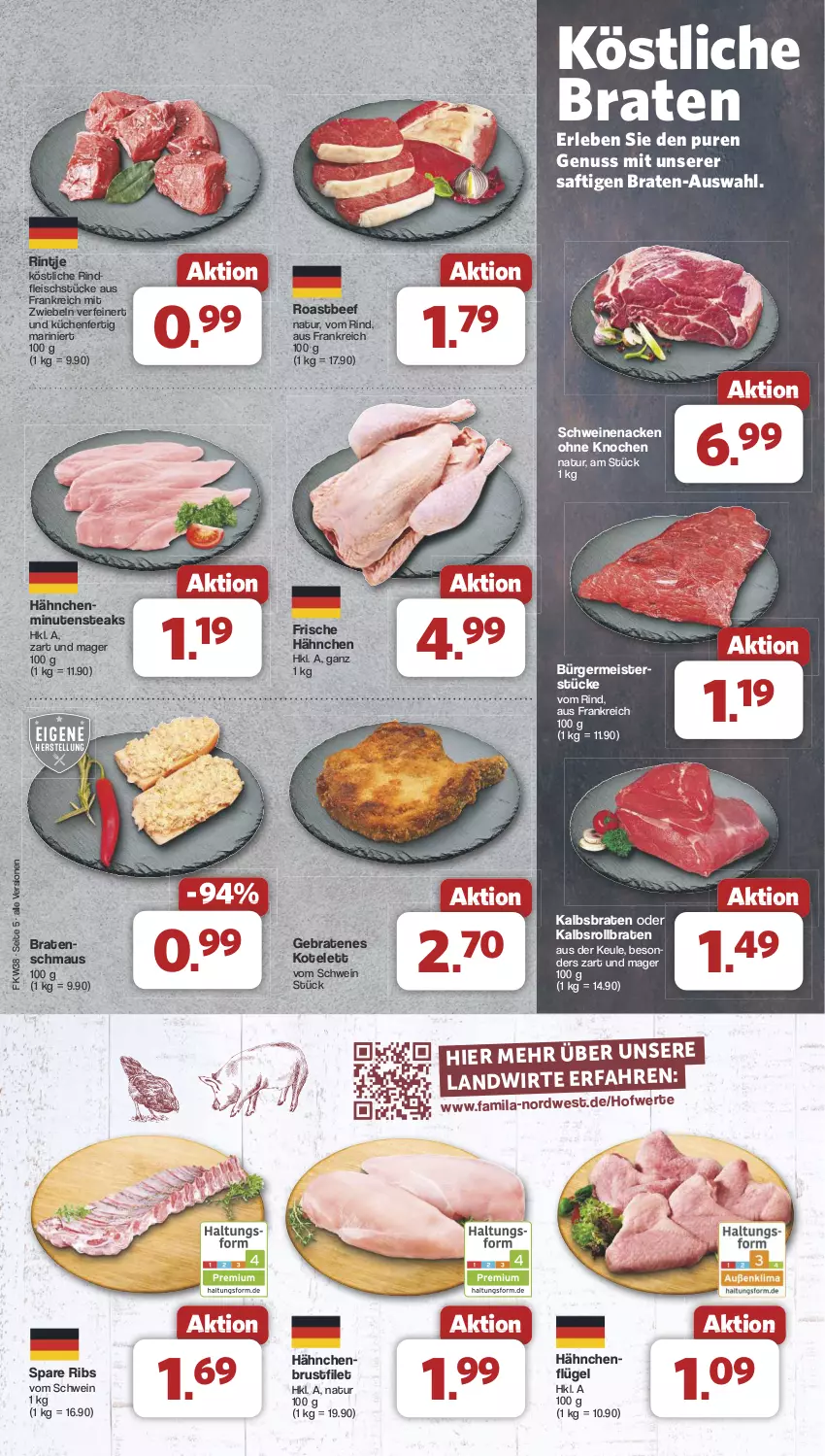 Aktueller Prospekt Famila - Prospekte - von 16.09 bis 21.09.2024 - strona 5 - produkty: beef, braten, brustfilet, eis, filet, fleisch, Frische Hähnchen, Germ, hähnchenbrust, hähnchenbrustfilet, hähnchenflügel, kotelett, küche, Küchen, Maus, Meister, minutensteaks, mit zwiebeln, natur, nuss, rind, rindfleisch, roastbeef, rollbraten, saft, schwein, schweine, schweinenacken, spare ribs, steak, steaks, Ti, wein, weine, zwiebel, zwiebeln