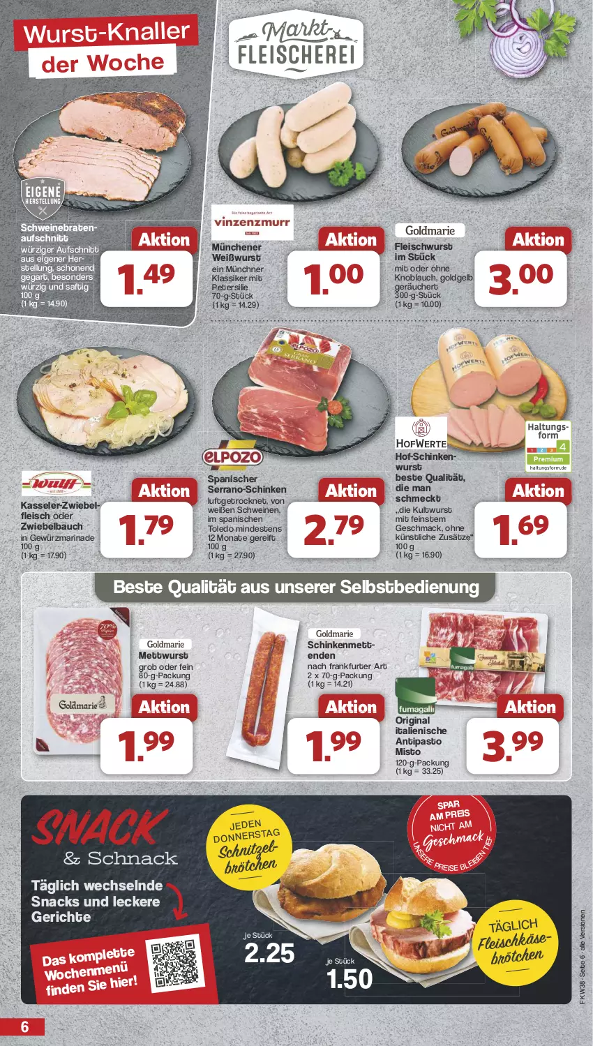 Aktueller Prospekt Famila - Prospekte - von 16.09 bis 21.09.2024 - strona 6 - produkty: aufschnitt, Bau, braten, brötchen, eis, fleisch, fleischwurst, frankfurter, gewürz, gin, kasseler, knoblauch, mac, marinade, Mett, mettwurst, mit oder ohne knoblauch, petersilie, reis, saft, schinken, schnitzel, schwein, schweine, schweinebraten, serrano, snack, snacks, Ti, wein, weine, Weißwurst, wurst, zwiebel