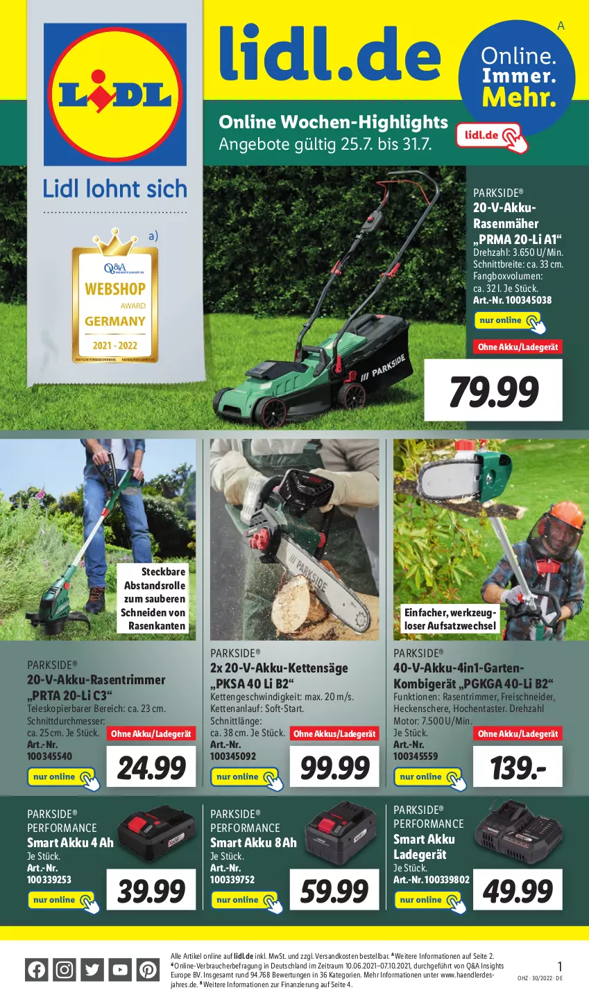 Aktueller Prospekt Lidl - Wochen-Highlights im Onlineshop - von 25.07 bis 31.07.2022 - strona 1 - produkty: akku, angebot, angebote, Brei, eis, erde, Garten, heckenschere, Kette, ladegerät, messer, ndk, Parkside, rasen, rasenmäher, rasentrimmer, Rauch, reis, säge, Schere, Teleskop, Ti, werkzeug