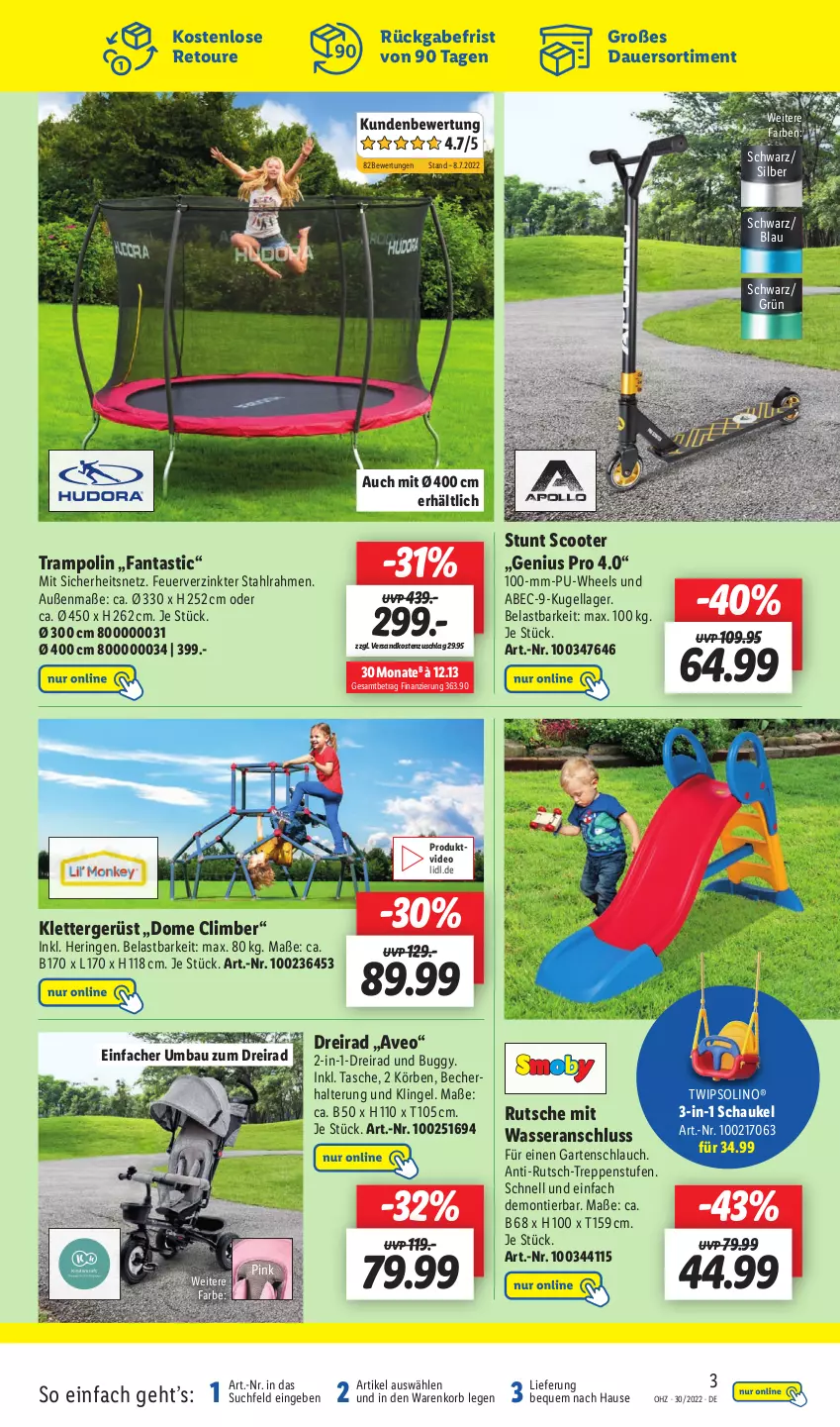 Aktueller Prospekt Lidl - Wochen-Highlights im Onlineshop - von 25.07 bis 31.07.2022 - strona 5 - produkty: asti, auer, aveo, Bau, Becher, Buggy, deo, Dreirad, fanta, Garten, gartenschlauch, hering, korb, Kugel, ndk, ring, Schaukel, schlauch, scooter, Tasche, Ti, Trampolin, wasser