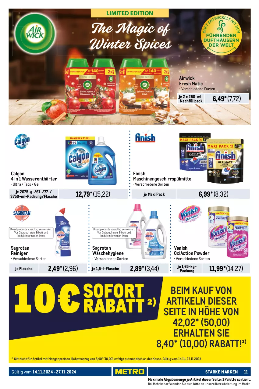 Aktueller Prospekt Metro - Starke Marken - von 14.11 bis 27.11.2024 - strona 11 - produkty: airwick, auto, calgon, Duftkerze, eis, ente, Finish, flasche, geschirr, geschirrspülmittel, gin, Glade, kerze, LG, Palette, power-gel, reiniger, reis, sagrotan, spülmittel, Ti, tisch, vanish, wasser, wasserenthärter, wc ente, wc-reiniger, WICK