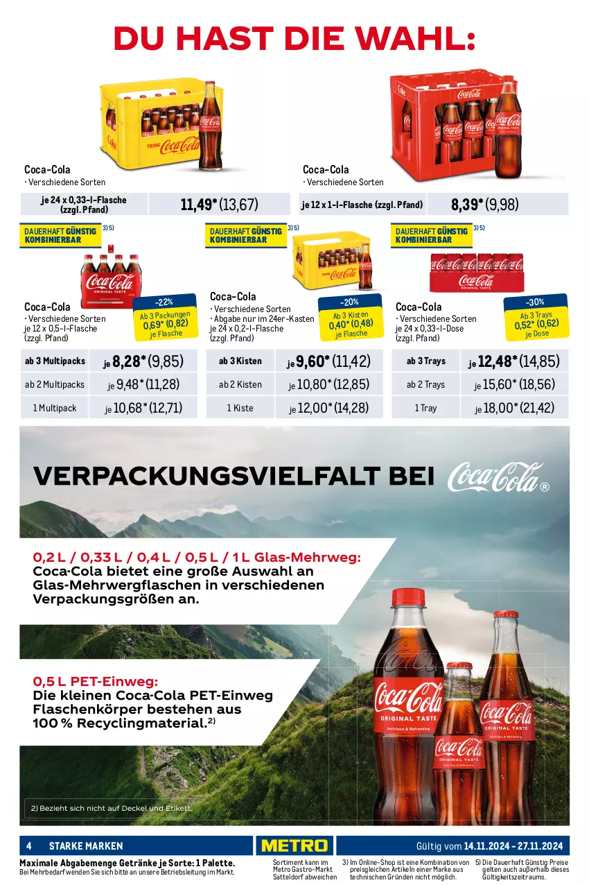 Aktueller Prospekt Metro - Starke Marken - von 14.11 bis 27.11.2024 - strona 4 - produkty: Alwa, auer, coca-cola, cola, coupon, eis, flasche, getränk, getränke, mango, Metro, metro gastro, mineralwasser, monster, Monster Energy, Palette, reis, sattel, Ti, wasser