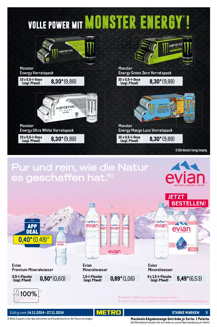 Aktueller Prospekt Metro - Starke Marken - von 14.11 bis 27.11.2024 - strona 5 - produkty: Alwa, auer, coca-cola, cola, coupon, eis, flasche, getränk, getränke, mango, Metro, metro gastro, mineralwasser, monster, Monster Energy, Palette, reis, sattel, Ti, wasser