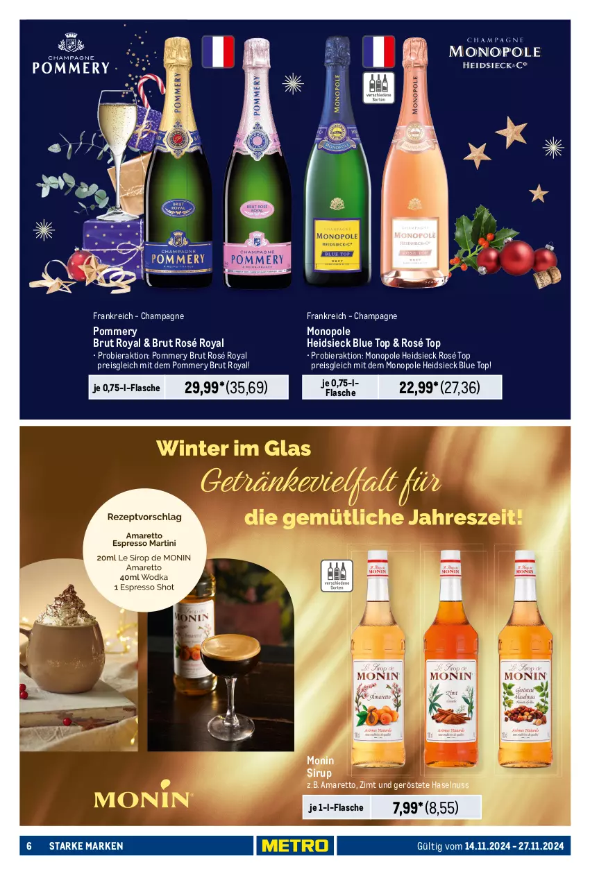 Aktueller Prospekt Metro - Starke Marken - von 14.11 bis 27.11.2024 - strona 6 - produkty: Amaretto, bier, brut, champagne, eis, flasche, gin, haselnuss, monin, nuss, reis, sirup, Ti