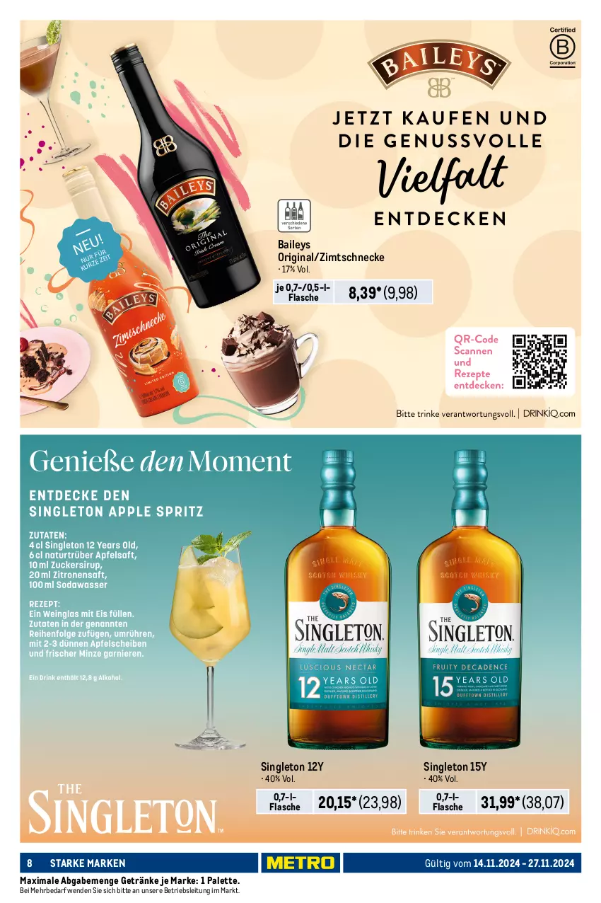 Aktueller Prospekt Metro - Starke Marken - von 14.11 bis 27.11.2024 - strona 8 - produkty: auer, baileys, body, bodylotion, deo, deo roll-on, dusche, eis, flasche, getränk, getränke, gin, haarspray, Lotion, nivea, Palette, pflegedusche, reis, roll-on, Seife, shampoo, Ti