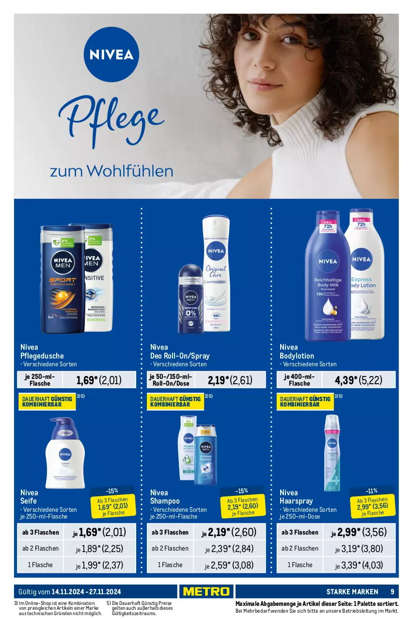 Aktueller Prospekt Metro - Starke Marken - von 14.11 bis 27.11.2024 - strona 9 - produkty: auer, baileys, body, bodylotion, deo, deo roll-on, dusche, eis, flasche, getränk, getränke, gin, haarspray, Lotion, nivea, Palette, pflegedusche, reis, roll-on, Seife, shampoo, Ti