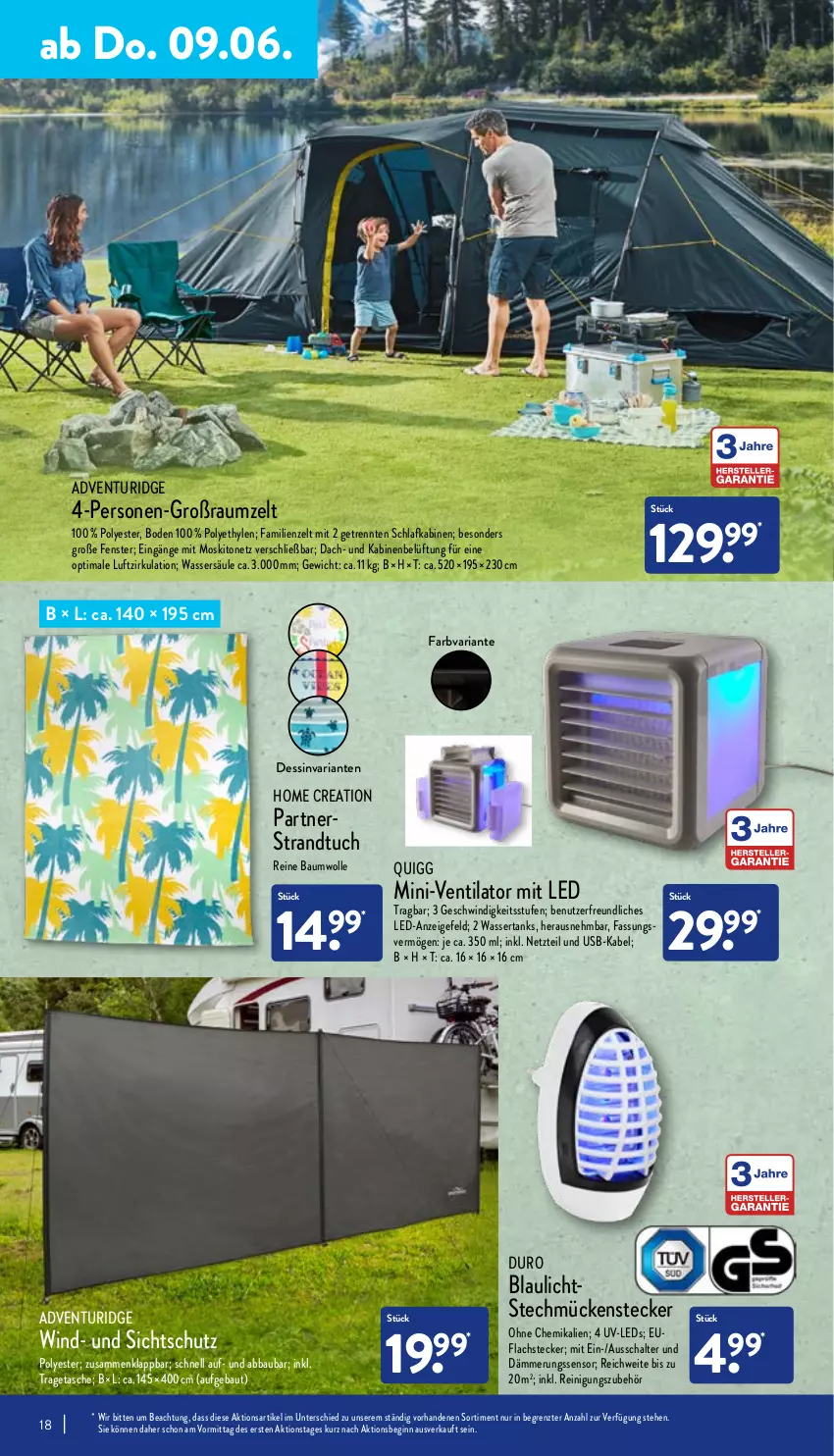 Aktueller Prospekt Aldi Nord - Aldi-Vorschau - von 07.06 bis 11.06.2022 - strona 18 - produkty: Abba, Bau, baumwolle, Familienzelt, fenster, gin, lachs, leds, moskitonetz, Mückenstecker, quigg, reine baumwolle, Reinigung, Ria, Schal, strandtuch, Tasche, Ti, tragetasche, tuc, usb, ventilator, wasser, wassertank, wolle, Zelt, ZTE