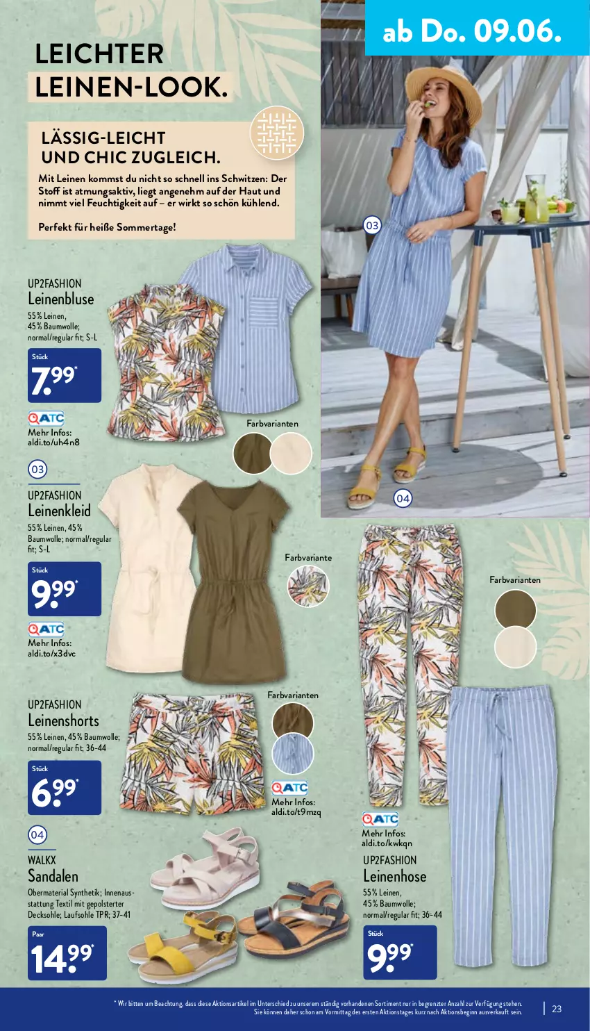 Aktueller Prospekt Aldi Nord - Aldi-Vorschau - von 07.06 bis 11.06.2022 - strona 23 - produkty: aldi, Bau, baumwolle, bluse, decksohle, gin, hose, kleid, leine, obermaterial synthetik, Ria, sandale, sandalen, shorts, Ti, up2fashion, walkx, wolle, ZTE