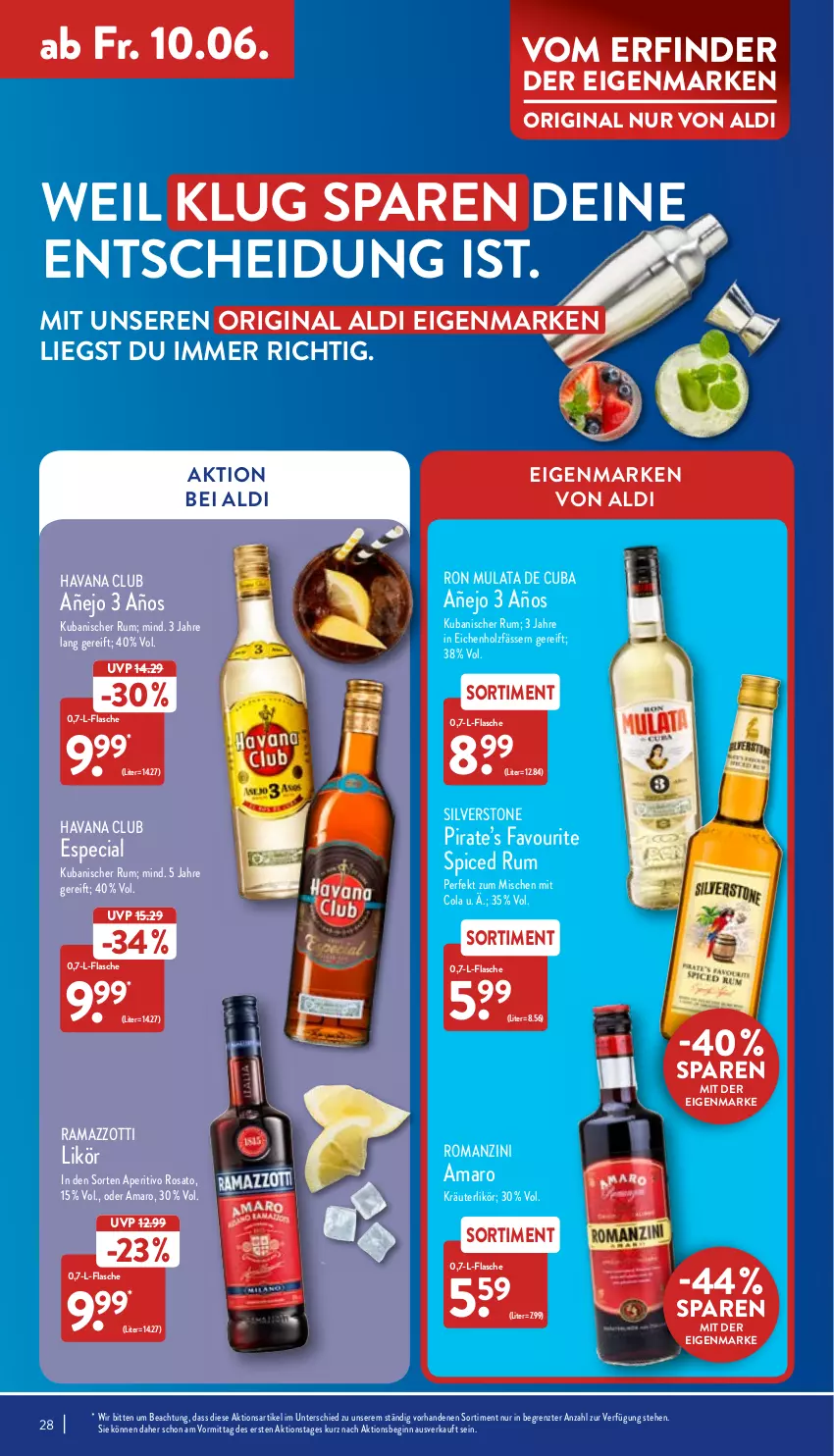 Aktueller Prospekt Aldi Nord - Aldi-Vorschau - von 07.06 bis 11.06.2022 - strona 28 - produkty: aldi, amaro, aperitivo rosato, cola, flasche, gin, Havana Club, Holz, kräuter, kräuterlikör, likör, rama, ramazzott, ramazzotti, rosato, rum, Ti, zott, ZTE