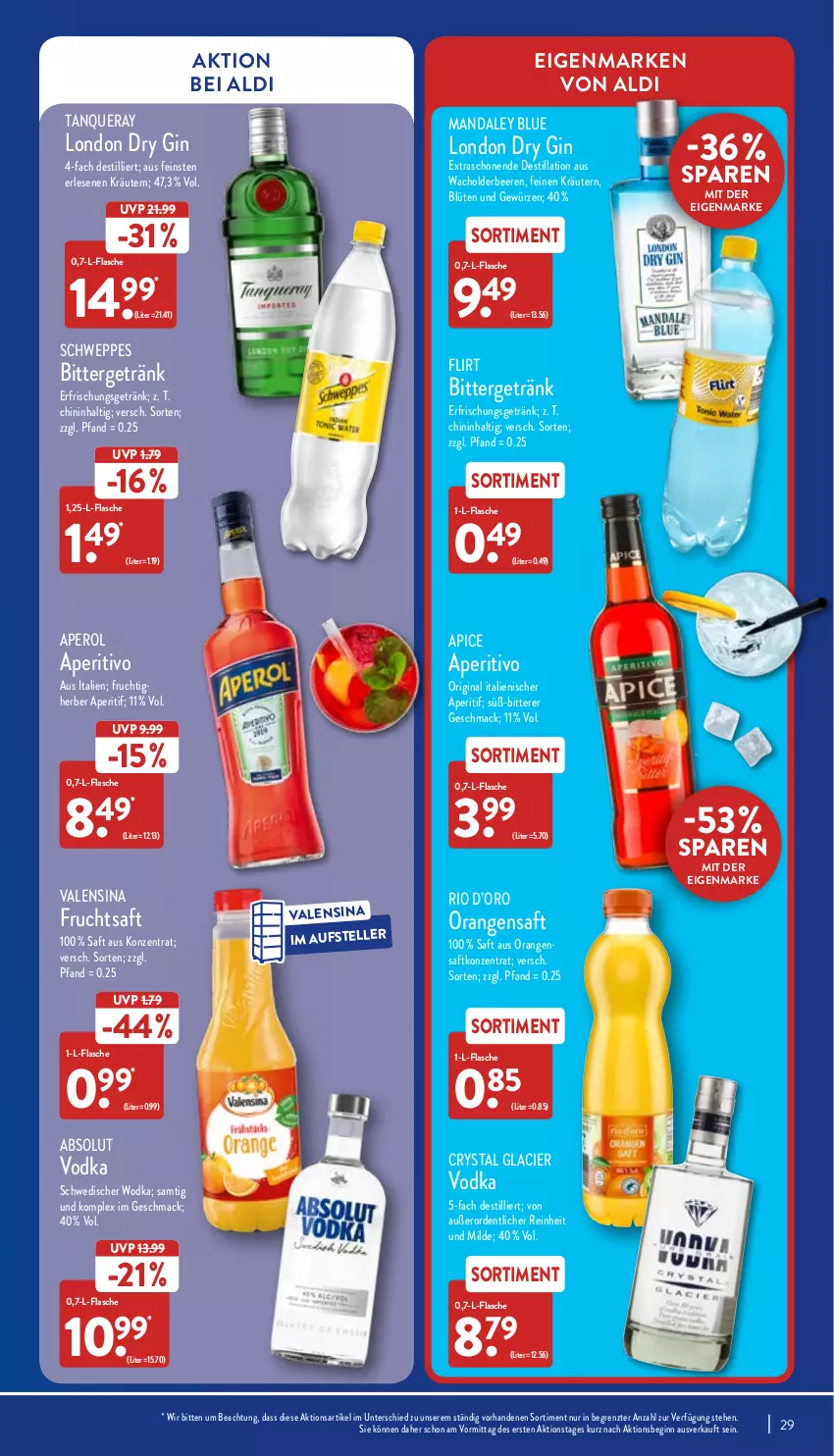 Aktueller Prospekt Aldi Nord - Aldi-Vorschau - von 07.06 bis 11.06.2022 - strona 29 - produkty: aldi, aperitif, aperol, beere, beeren, Blüte, dry gin, elle, flasche, frucht, fruchtsaft, getränk, gewürz, gin, kräuter, kräutern, london dry, london dry gin, mac, orange, orangen, orangensaft, saft, schweppes, Tanqueray, teller, Ti, valensina, vodka, wodka, ZTE