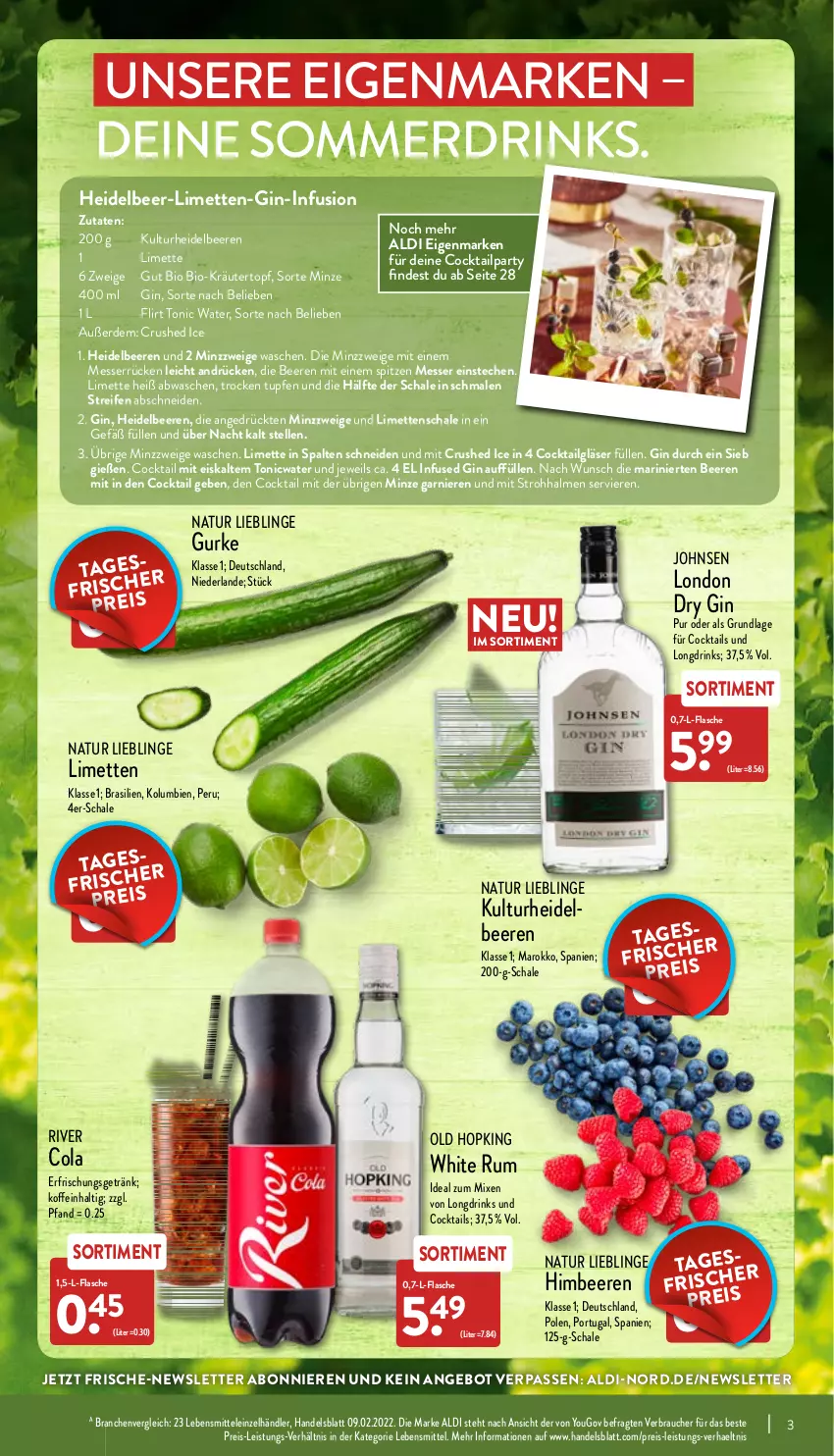 Aktueller Prospekt Aldi Nord - Aldi-Vorschau - von 07.06 bis 11.06.2022 - strona 3 - produkty: aldi, angebot, beere, beeren, bio, cocktail, cocktails, cola, crushed ice, drink, drinks, dry gin, eis, elle, erde, erfrischungsgetränk, flasche, garnier, getränk, gin, Gläser, gurke, heidelbeere, heidelbeeren, himbeer, himbeere, himbeeren, kräuter, lebensmittel, LG, limette, limetten, london dry, london dry gin, messer, Mett, metten, minze, natur, Rauch, reifen, reis, rum, Schal, Schale, Ti, tonic, tonic water, topf, white rum, Yo