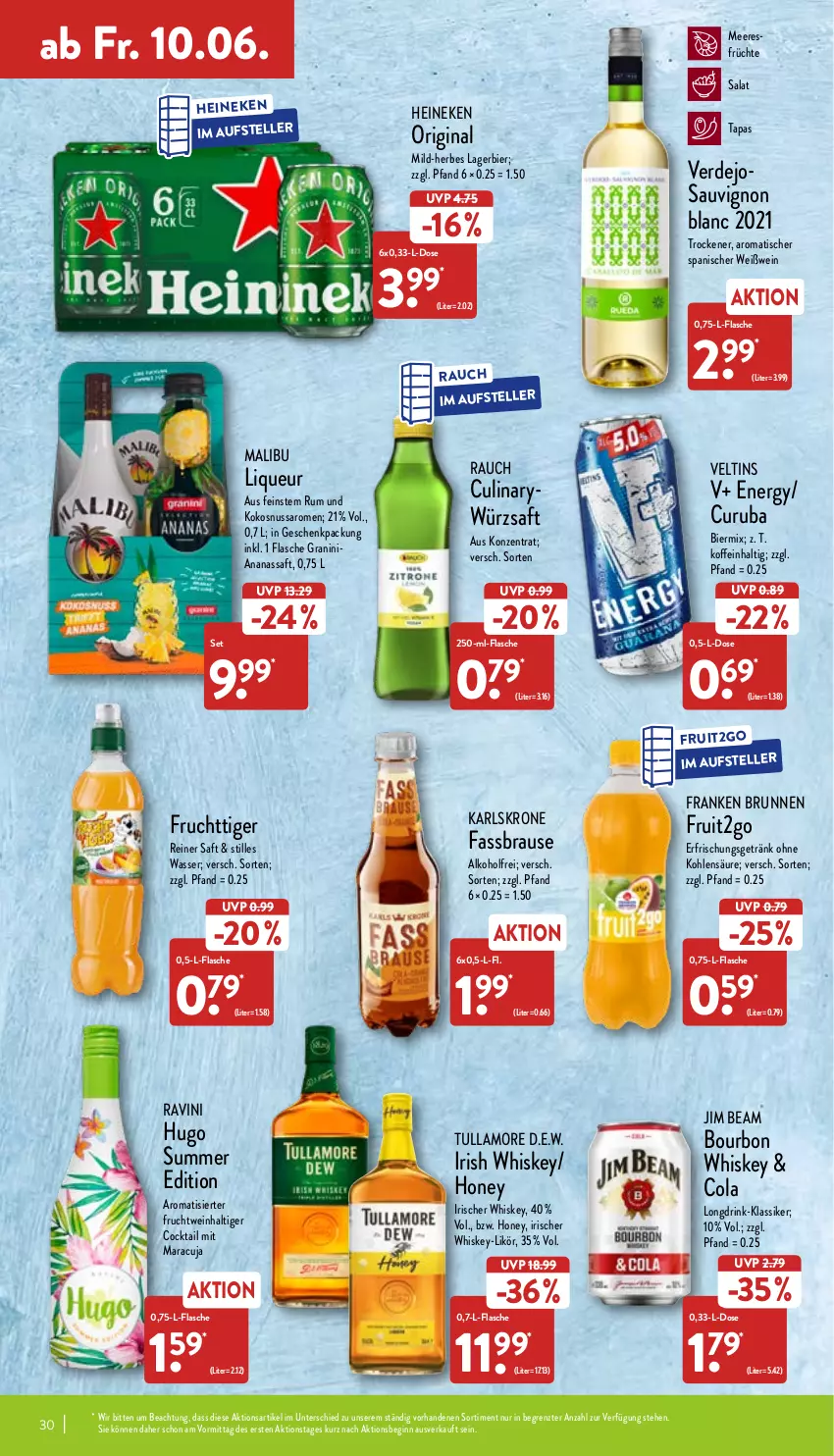 Aktueller Prospekt Aldi Nord - Aldi-Vorschau - von 07.06 bis 11.06.2022 - strona 30 - produkty: alkohol, ananas, bier, bourbon, bourbon whiskey, brause, brunnen, cocktail, cola, drink, elle, erde, erfrischungsgetränk, fassbrause, flasche, franken brunnen, frucht, früchte, geschenkpackung, getränk, gin, granini, heineken, hugo, irish whiskey, jim beam, kokos, kokosnuss, krone, Lagerbier, likör, liqueur, Malibu, maracuja, meeresfrüchte, nuss, Rauch, rum, saft, salat, saro, sauvignon, sauvignon blanc, Tapas, teller, Ti, tisch, tullamore, veltins, wasser, wein, Weißwein, whiskey, ZTE