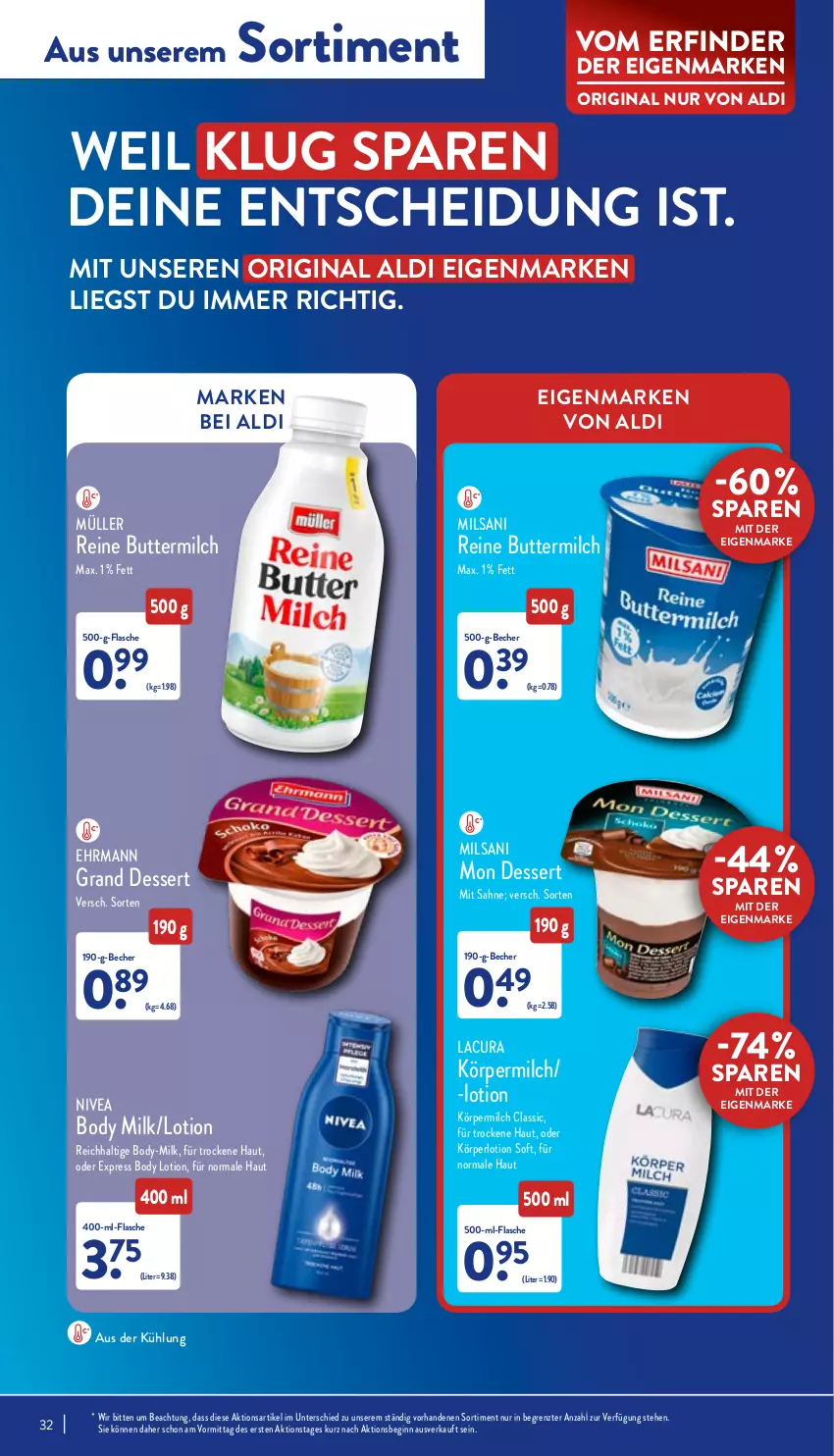 Aktueller Prospekt Aldi Nord - Aldi-Vorschau - von 07.06 bis 11.06.2022 - strona 32 - produkty: aldi, Becher, body, body lotion, body milk, butter, buttermilch, dessert, ehrmann, Ehrmann Grand Dessert, flasche, gin, Körperlotion, Lotion, milch, Müller, nivea, reine buttermilch, sahne, Ti, ZTE