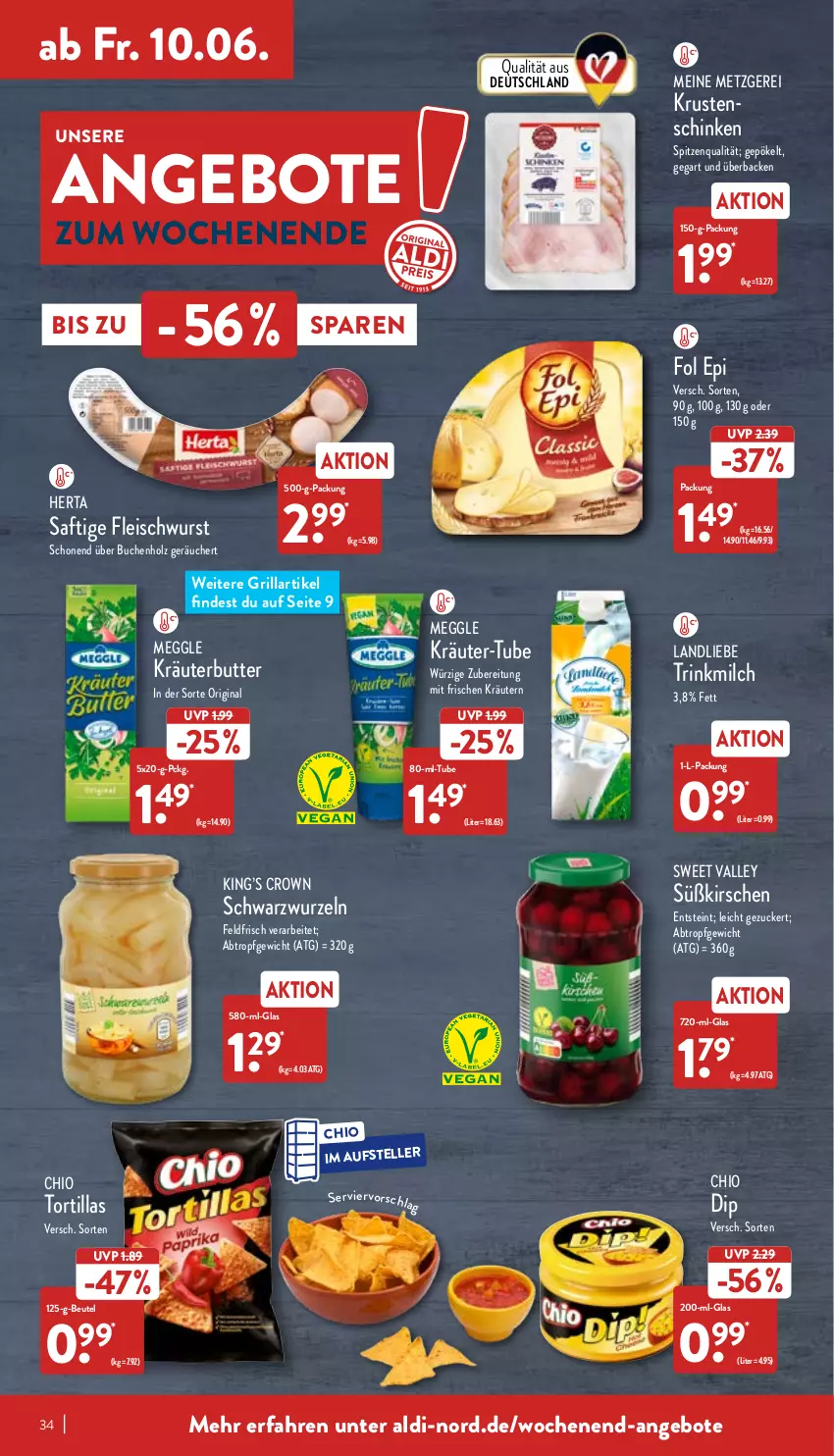 Aktueller Prospekt Aldi Nord - Aldi-Vorschau - von 07.06 bis 11.06.2022 - strona 34 - produkty: aldi, angebot, angebote, beutel, buch, butter, dip, eis, elle, fleisch, fleischwurst, fol epi, gin, grill, herta, Holz, kirsch, kirsche, kirschen, kräuter, kräutern, landliebe, meggle, milch, saft, schinken, spitzenqualität, teller, Ti, tortilla, tortillas, wurst, zucker