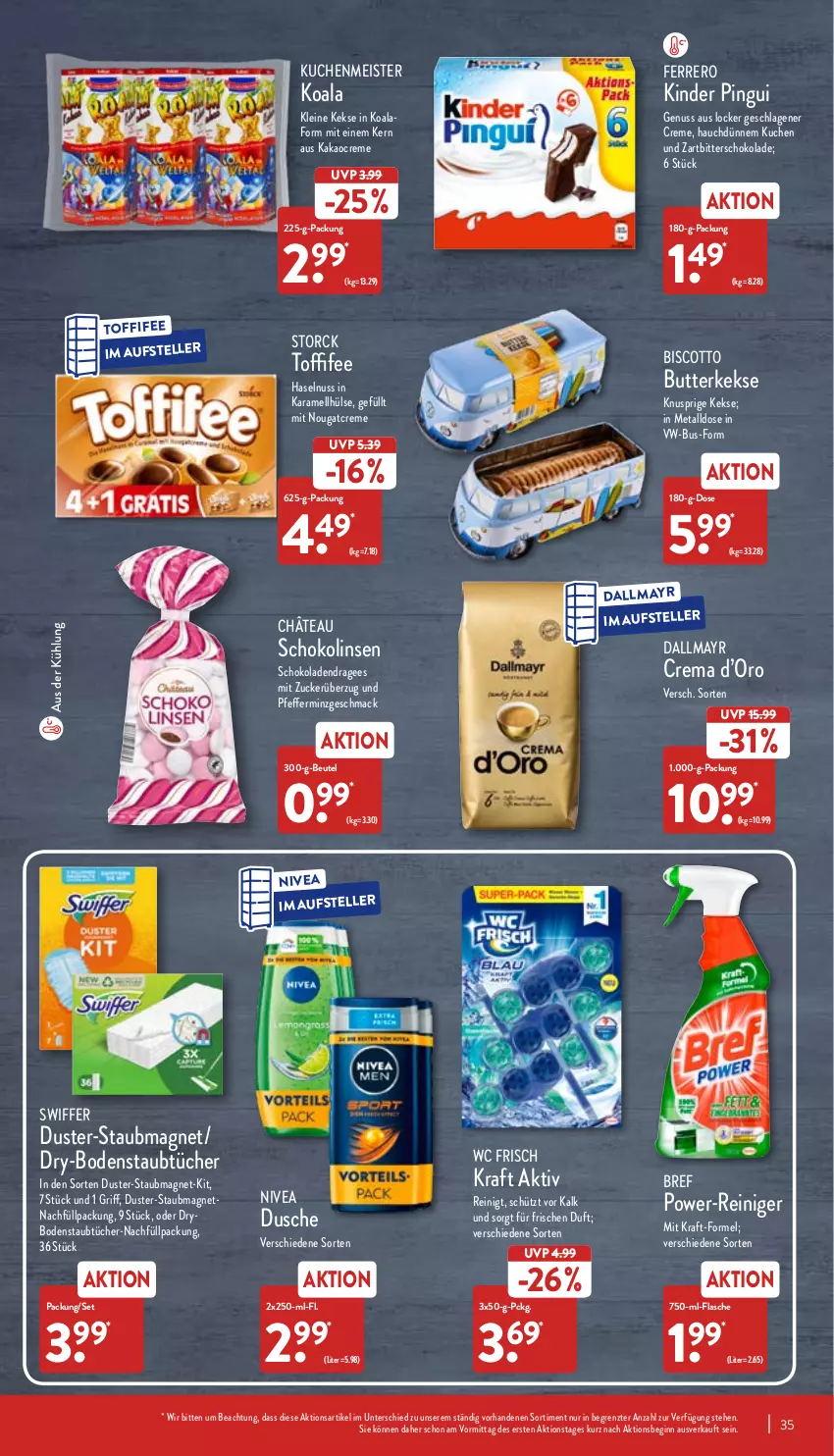 Aktueller Prospekt Aldi Nord - Aldi-Vorschau - von 07.06 bis 11.06.2022 - strona 35 - produkty: beutel, biscotto, Bref, bref power, butter, butterkeks, creme, dallmayr, dusche, eis, elle, ferrero, flasche, gin, haselnuss, kakao, karamell, keks, kekse, Kinder, kinder pingui, kraft, kuchen, kuchenmeister, leine, linsen, mac, Meister, nivea, Nougatcreme, nuss, pfeffer, pingui, reiniger, schoko, schokolade, schokoladen, Schokolinsen, staubmagnet, storck, swiffer, teller, Ti, toffifee, tücher, wc frisch, ZTE, zucker