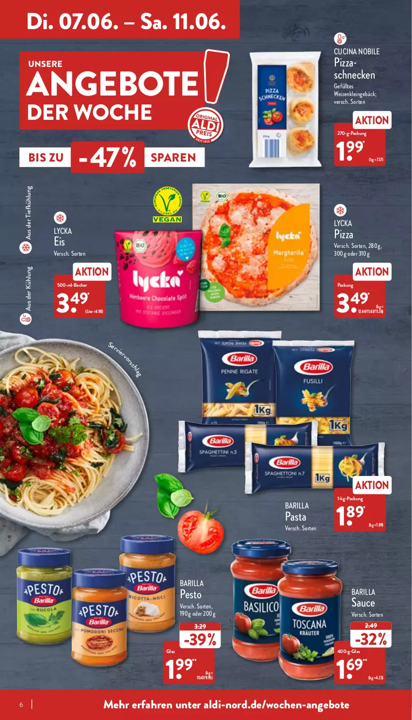 Aktueller Prospekt Aldi Nord - Aldi-Vorschau - von 07.06 bis 11.06.2022 - strona 6 - produkty: aldi, angebot, angebote, aus der tiefkühlung, barilla, Becher, beutel, cin, eis, pasta, pesto, pizza, sauce, Ti