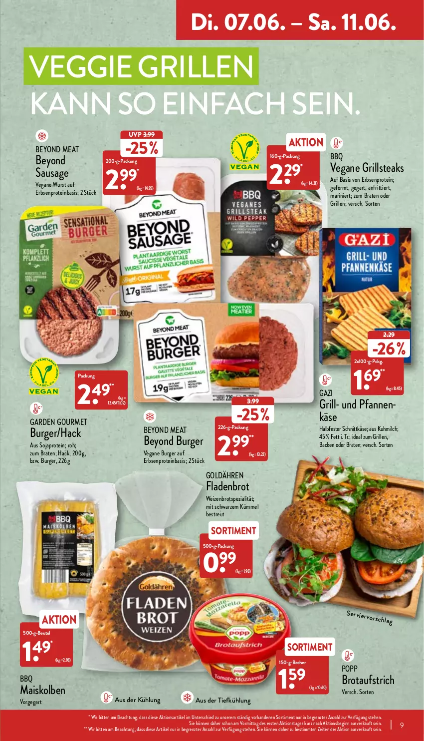 Aktueller Prospekt Aldi Nord - Aldi-Vorschau - von 07.06 bis 11.06.2022 - strona 9 - produkty: aufstrich, aus der tiefkühlung, Becher, beutel, braten, brot, brotaufstrich, burger, erbsen, Fladenbrot, garden gourmet, gin, grill, halbfester schnittkäse, ideal zum grillen, Käse, mais, milch, pfanne, pfannen, pfannenkäse, Popp, schnittkäse, soja, Spezi, steak, steaks, Ti, und pfanne, veggie, Weizenbrot, wurst, Yo, ZTE