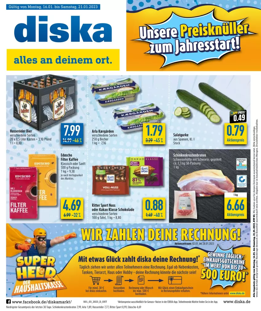 Aktueller Prospekt Diska - Prospekte - von 16.01 bis 21.01.2023 - strona 1 - produkty: aktionspreis, angebot, angebote, arla, Becher, braten, deka, eduscho, eis, gurke, gutschein, hasseröder, Hobby, kaffee, kakao, krustenbraten, LG, nuss, reis, ritter, ritter sport, salat, Salatgurke, schinken, schoko, schokolade, Sport, Ti, ZTE