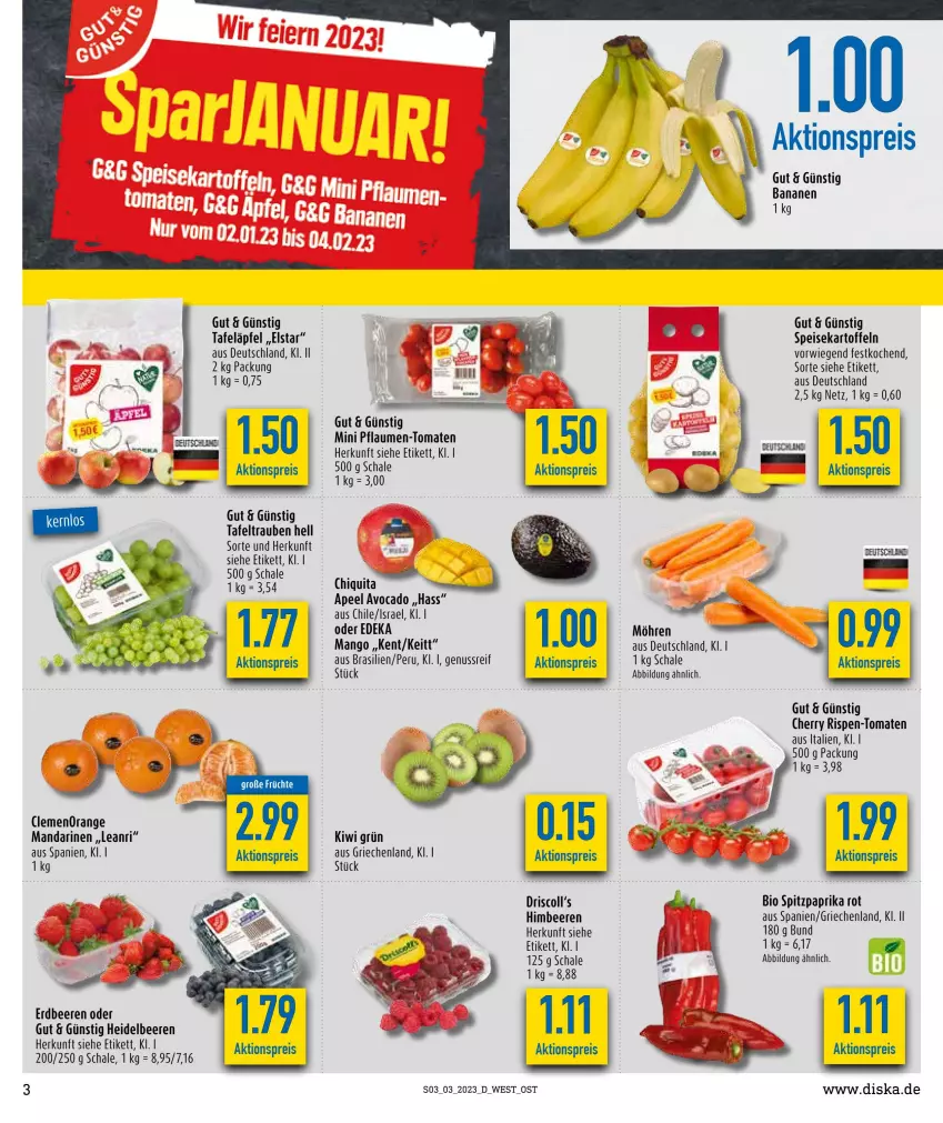 Aktueller Prospekt Diska - Prospekte - von 16.01 bis 21.01.2023 - strona 3 - produkty: aktionspreis, avocado, banane, bananen, beere, beeren, bio, chiquita, deka, eis, erdbeere, erdbeeren, früchte, heidelbeere, heidelbeeren, himbeer, himbeere, himbeeren, kartoffel, kartoffeln, kiwi, mandarine, mandarinen, mango, möhren, nuss, orange, paprika, paprika rot, pflaume, pflaumen, Pflaumen-Tomaten, reis, Schal, Schale, speisekartoffeln, Spitzpaprika, tafeläpfel, tafeltrauben, Ti, tomate, tomaten, trauben