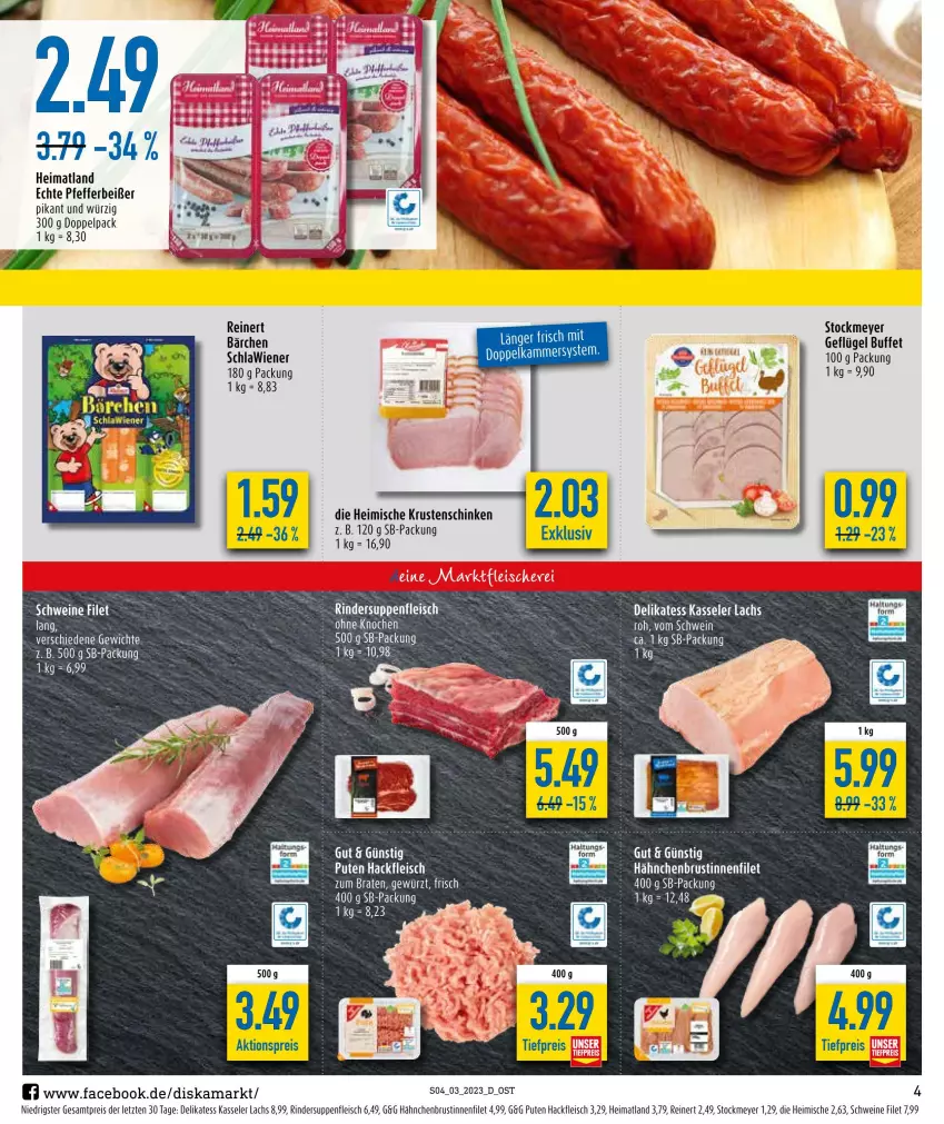 Aktueller Prospekt Diska - Prospekte - von 16.01 bis 21.01.2023 - strona 4 - produkty: aktionspreis, deit, eis, filet, fleisch, Geflügel, hackfleisch, hähnchenbrust, kasseler, Krustenschinken, lachs, pfeffer, Pfefferbeißer, pute, reinert, reis, rind, rinder, schinken, schwein, schweine, stockmeyer, suppe, suppen, suppenfleisch, Ti, tiefpreis, wein, weine, wiener, ZTE