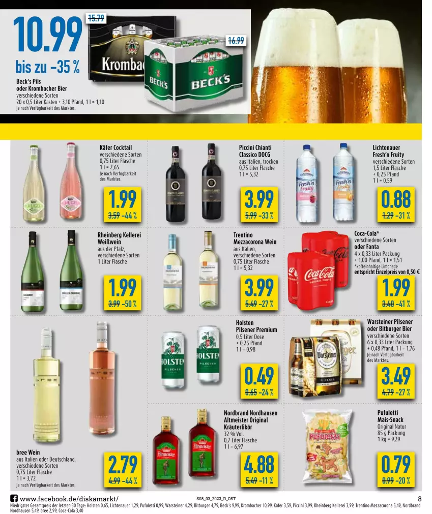 Aktueller Prospekt Diska - Prospekte - von 16.01 bis 21.01.2023 - strona 8 - produkty: auer, bier, bitburger, bree, burger, chia, chianti, cin, classico, coca-cola, cocktail, cola, corona, eis, elle, fanta, flasche, gin, holsten, käfer, kräuter, kräuterlikör, krombache, krombacher, lichtenauer, likör, limo, limonade, mais, Meister, mezzacorona, natur, nordbrand, pils, pilsener, reis, snack, steiner, Ti, warsteiner, wein, Weißwein, ZTE