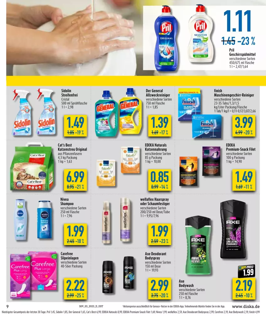 Aktueller Prospekt Diska - Prospekte - von 16.01 bis 21.01.2023 - strona 9 - produkty: aktionspreis, allzweckreiniger, axe, body, bodyspray, carefree, deka, deo, deodorant, eis, filet, Finish, flasche, geschirr, geschirrspülmittel, gin, haarspray, katzennahrung, Katzenstreu, natur, natura, nivea, nuss, oder schaumfestiger, pflanze, pflanzen, pril, reifen, reiniger, reis, schaumfestiger, shampoo, sidolin, slip, slipeinlagen, snack, sprühflasche, spülmittel, Ti, weck, Wella, wellaflex, ZTE