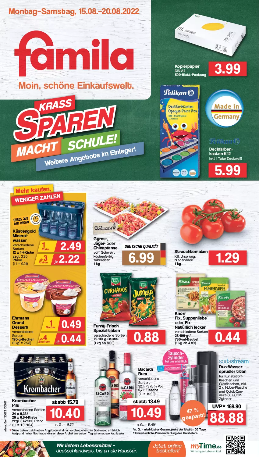 Aktueller Prospekt Famila - Prospekte - von 15.08 bis 20.08.2022 - strona 1 - produkty: angebot, angebote, aust, bacardi, bacardi rum, Becher, beutel, dessert, din a4, ehrmann, Ehrmann Grand Dessert, eis, elle, flasche, funny-frisch, glasflasche, gyros, knorr, knorr fix, kopierpapier, krombache, krombacher, krombacher pils, küche, Küchen, küstengold, lebensmittel, mac, papier, pfanne, pils, Rauch, reis, resa, rum, schwein, Spezi, strauchtomaten, suppe, suppen, suppenliebe, teller, Ti, tomate, tomaten, wasser, wein, ZTE