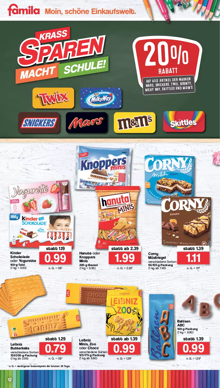 Aktueller Prospekt Famila - Prospekte - von 15.08 bis 20.08.2022 - strona 12 - produkty: bahlsen, beutel, butter, butterkeks, corny, eis, hanuta, keks, Kinder, kinder schokolade, knoppers, leibniz, mac, mars, milky way, müsli, Müsliriegel, oder yogurette, reis, riegel, schoko, schokolade, skittles, snickers, Ti, twix, Yo, yogurette, ZTE