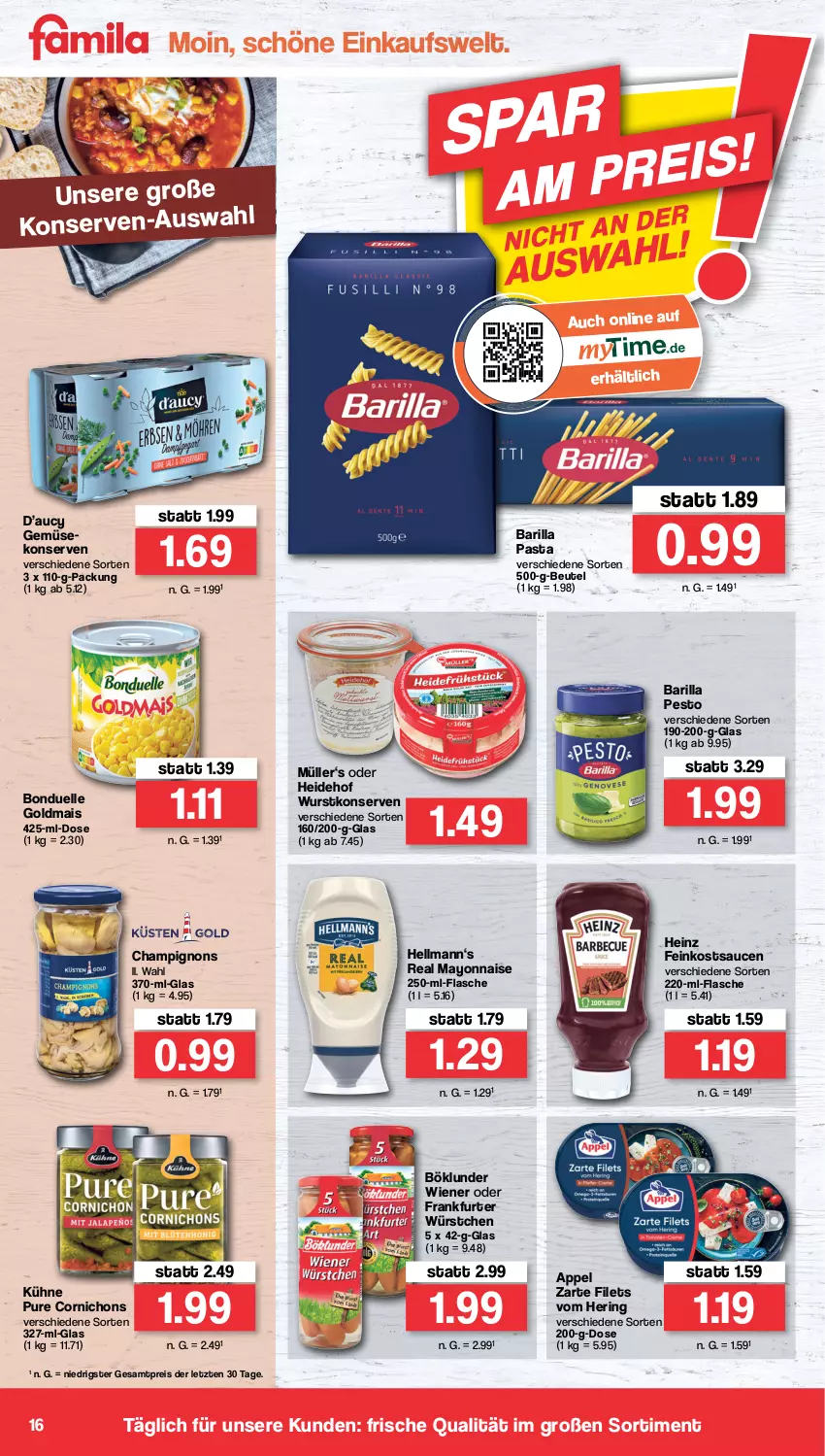 Aktueller Prospekt Famila - Prospekte - von 15.08 bis 20.08.2022 - strona 16 - produkty: barilla, beutel, böklunder, bonduelle, bonduelle goldmais, champignon, champignons, eis, elle, feinkost, filet, filets, flasche, frankfurter, Goldmais, heinz, hering, Konserven, Kühne, mais, mayonnaise, Müller, pasta, pesto, reis, ring, sauce, saucen, Ti, wiener, wurst, würstchen, wurstkonserven, Yo, ZTE